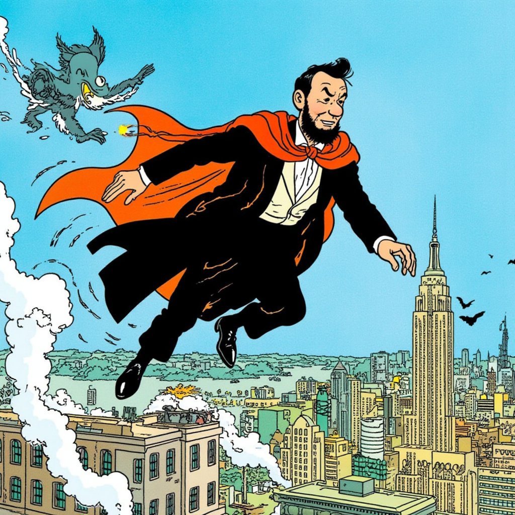 titin_style, A cartoon abraham lincoln flying above new york city