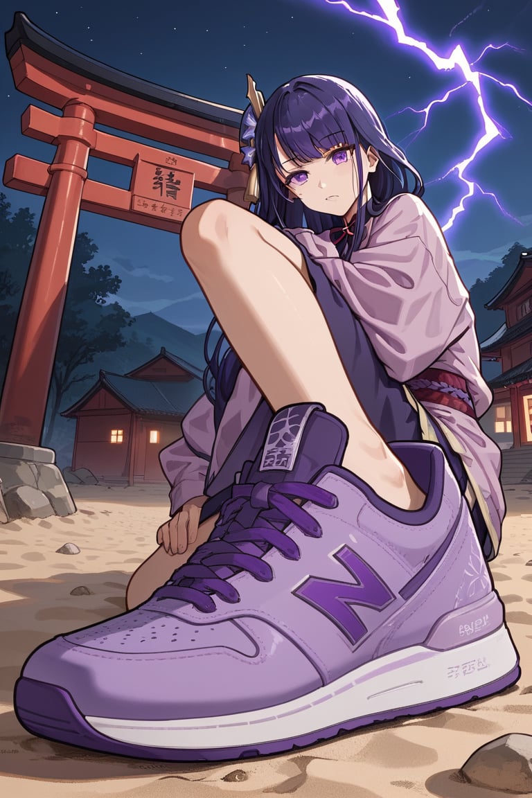 score_9, score_8_up, score_7_up, 1girl, Raiden Shogun, purple sneakers, torii gate, night, sand, purple lightning sparks,  0cm,   hud_sh03_sh0w, foreshortening, looking at viewer,