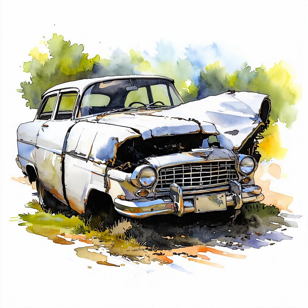 Fantasy realistic watercolor painting art of abandon vehicles For a thousand years, Obsolete cars, neglected cars, car wrecks 