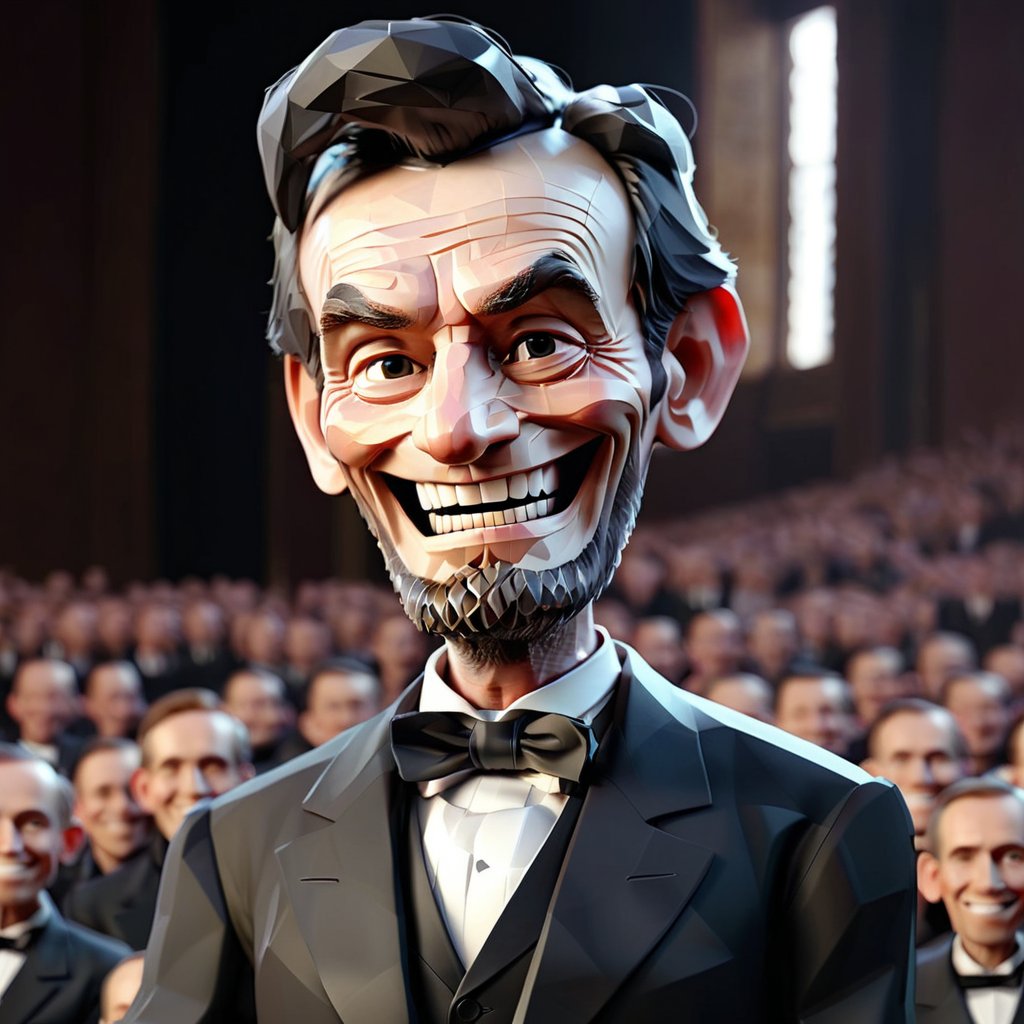 illustration of Abraham Lincoln as motivator wearing black suit, (big smile), background random audience, masterpiece, perfect anatomy, full body, 