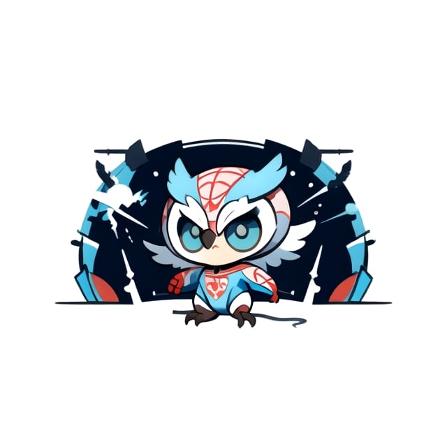 centered, ((solo)), digital art, full body, | ((cute of owl)), chibi, black and blue sky futuristic, neon lights, | (white background:1.2), simple background, | (symetrical), Animal, (use spiderman costume)