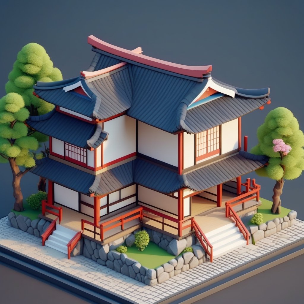 cute 3D isometric model of japan house | blender render engine niji 5 style expressive,3d isometric,3d style,