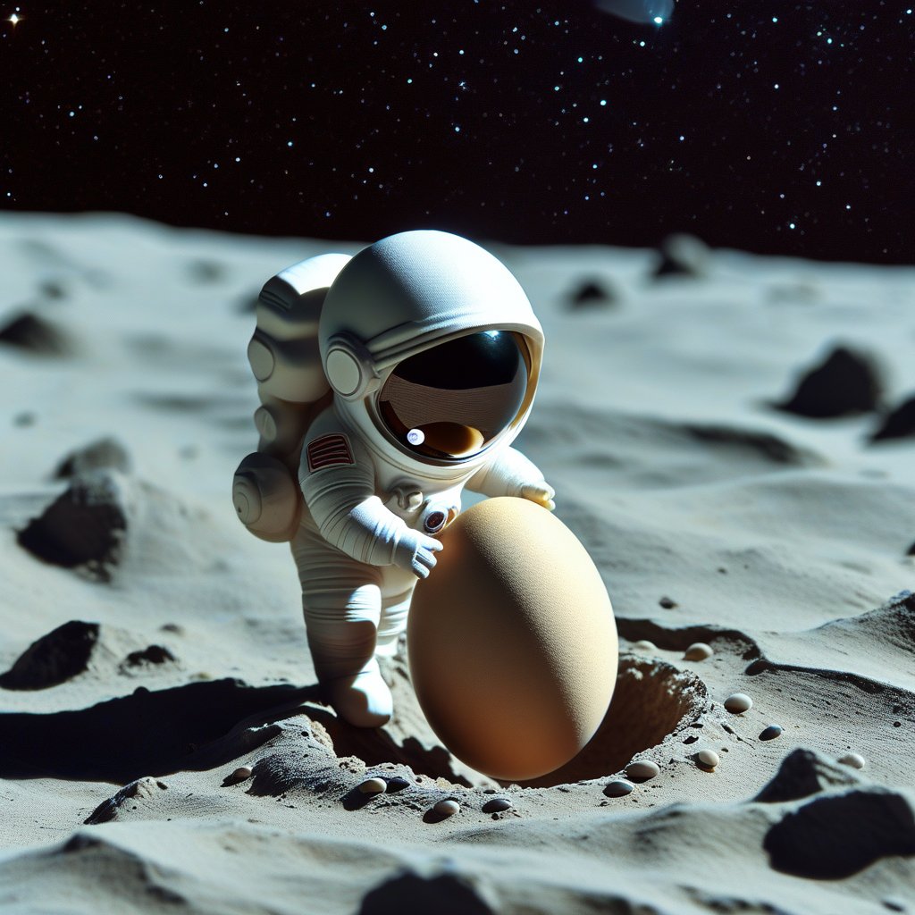  a tiny astronaut hatching from an egg on the moon