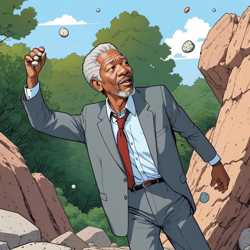 Morgan Freeman, wearing suit, throwing a stone, zoo background, (in the combined style of Mœbius and french comics), (minimal vector:1.1)