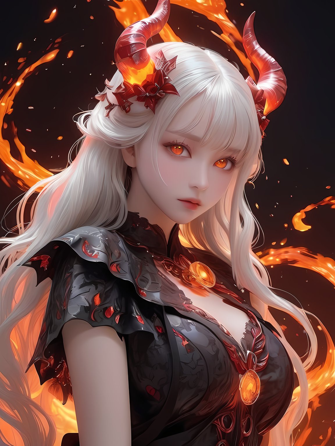 (cute demoness with flame horns, flaming veins), (masterpiece, best quality, ultra-detailed, best shadow), (detailed background,dark fantasy), (beautiful detailed face), high contrast, (best illumination, an extremely delicate and beautiful), ((cinematic light)), colorful, hyper detail, dramatic light, intricate details, (1girl, solo,white hair, sharp face, amber eyes, hair between eyes,dynamic angle), blood splatter, swirling black light around the character, depth of field,black light particles,(broken glass),magic circle, full body, ,yua_mikami