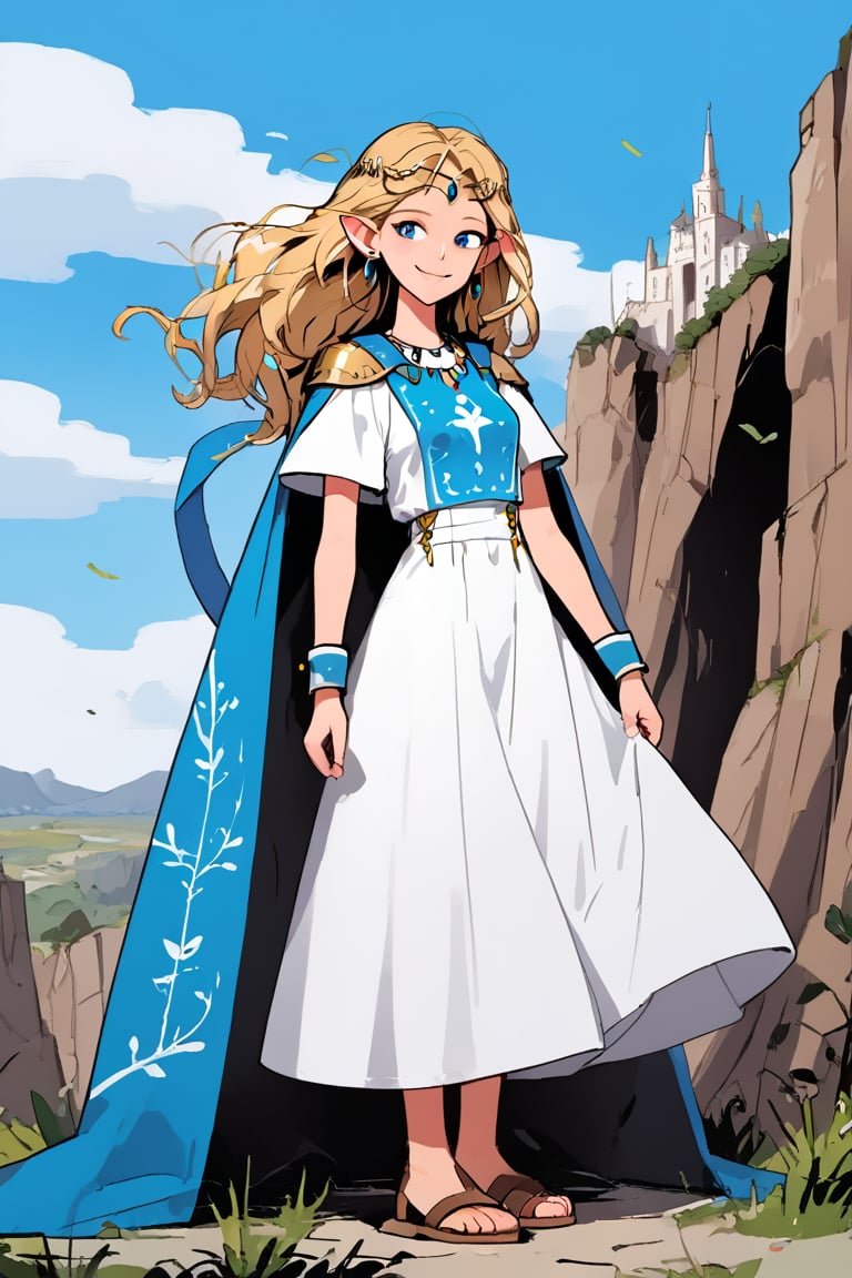 1girl, solo, sidelocks, bangs, tiara, circlet, smile, earrings, jewelry, breasts, pauldrons, full body, blonde hair, long hair, blue eyes, parted bangs, pointy ears, medium breasts, brown footwear, dress, triforce, boots, long dress, high heels, shoulder armor, looking at viewer, standing, tabard, white dress, short sleeves, gem, toeless footwear, forehead jewel, floating hair, necklace, pelvic curtain, cape, shiny, shiny hair, sandals, wind, wrist cuffs, outdoors, cliff, day