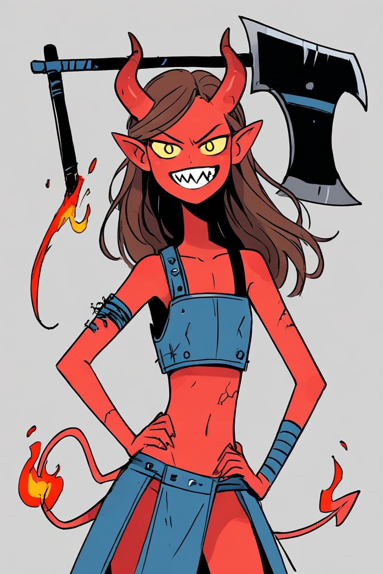 1girl, solo, grin, horns, smile, teeth, collarbone, armor, axe, bare shoulders, broken horn, brown hair, colored skin, demon girl, demon horns, demon tail, fire, flat chest, hand on own hip, holding, holding axe, holding weapon, long hair, looking at viewer, pointy ears, red hair, red skin, sharp teeth, single bare shoulder, tail, tiefling, upper body, weapon, yellow eyes