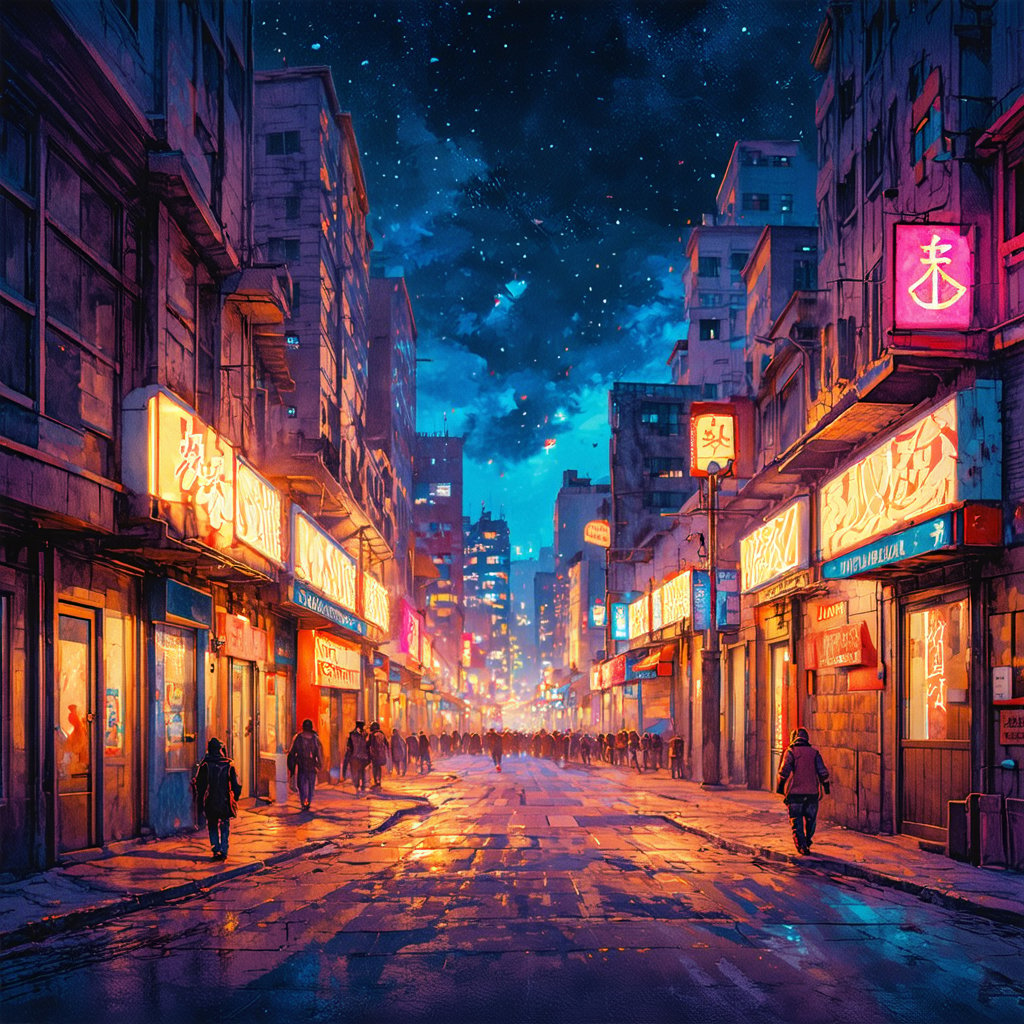 Fantasy realistic watercolor painting art of neon district at night, 