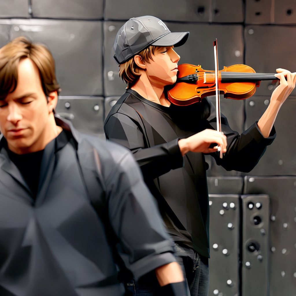 illustration of JOSHUA BELL wearing long black t shirt, grey denim jeans, black baseball hat, subway wall background, play 1 violin, masterpiece, perfect anatomy, full body, focus to JOSHUA BELL