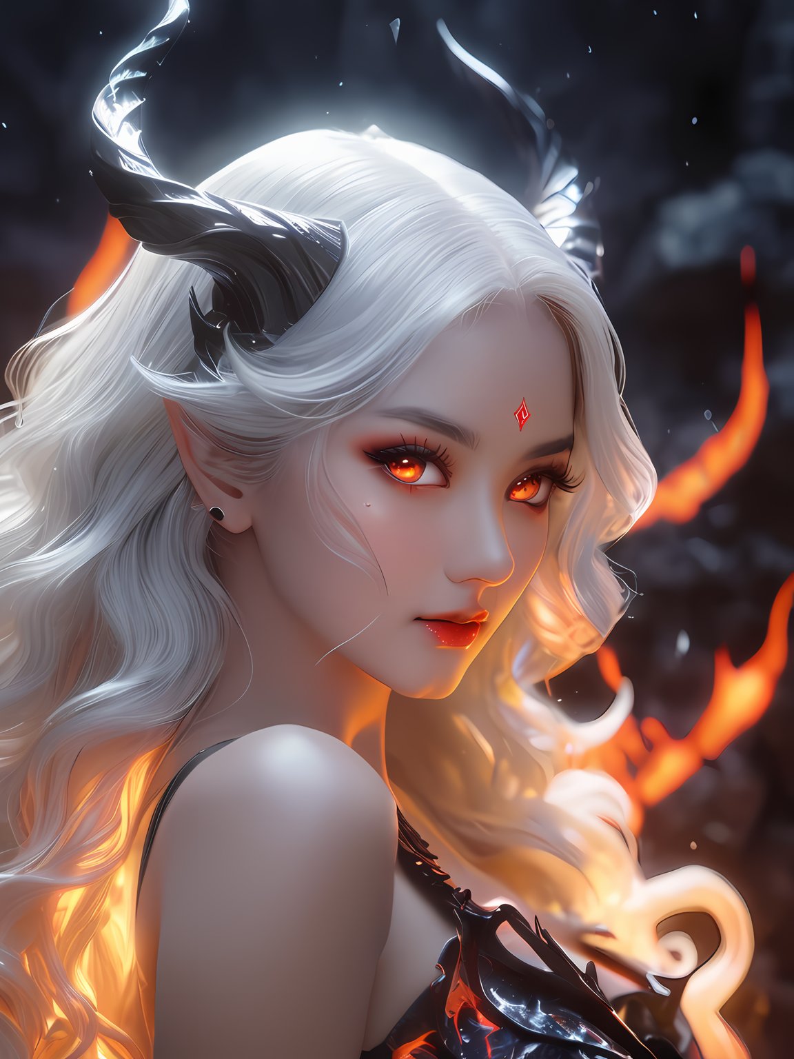 (cute demoness with flame horns, flaming veins), (masterpiece, best quality, ultra-detailed, best shadow), (detailed background,dark fantasy), (beautiful detailed face), high contrast, (best illumination, an extremely delicate and beautiful), ((cinematic light)), colorful, hyper detail, dramatic light, intricate details, (1girl, solo,white hair, sharp face, amber eyes, hair between eyes,dynamic angle), blood splatter, swirling black light around the character, depth of field,black light particles,(broken glass),magic circle, full body, ,gh3a