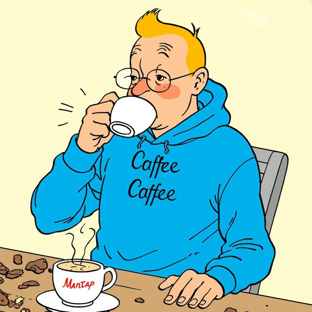 titin_style, A cartoon drawing of A man in a blue hooded sweatshirt drink a cup of caffe with text at the cup "Mantap".
