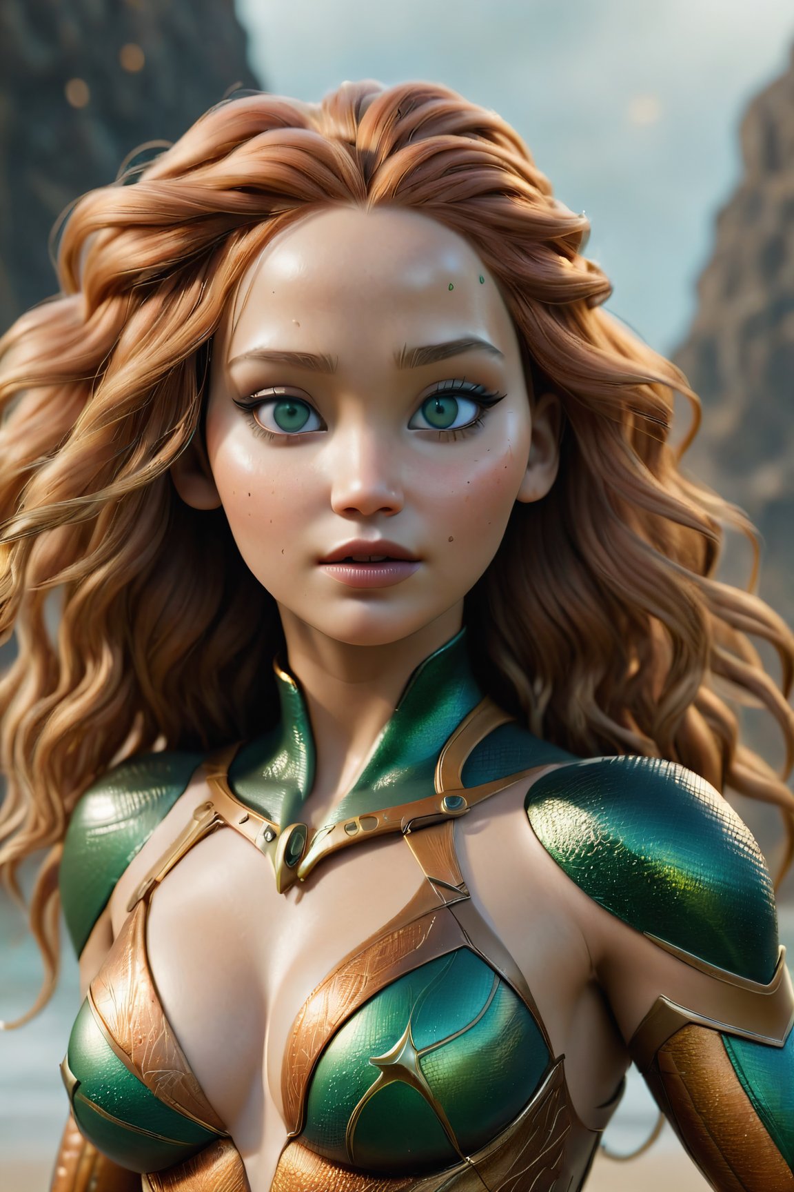 full body , masterpiece, 1girl, solo, photo of mera aquaman costume , (full body),  fighting pose, legs, boot, tight bodysuit, looking at viewer, tan skin, sagging breast, makeup, dark lips, floating in dessert, detailed skin, detailed eyes, depth of field, 8k uhd, dslr, dim lighting, high quality, film grain, detailed eyes, unreal engine 5, detailed face, perfect anatomy,
,Movie Still,Film Still,Leonardo Style,HZ Steampunk, jennifer lawrence