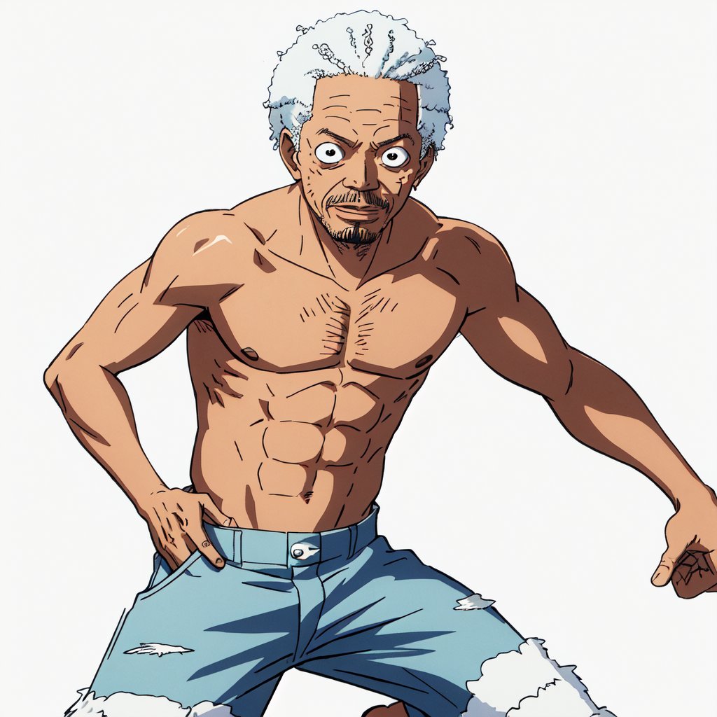 An illustration of morgan freeman, look to viewer, simple background, (One piece style)