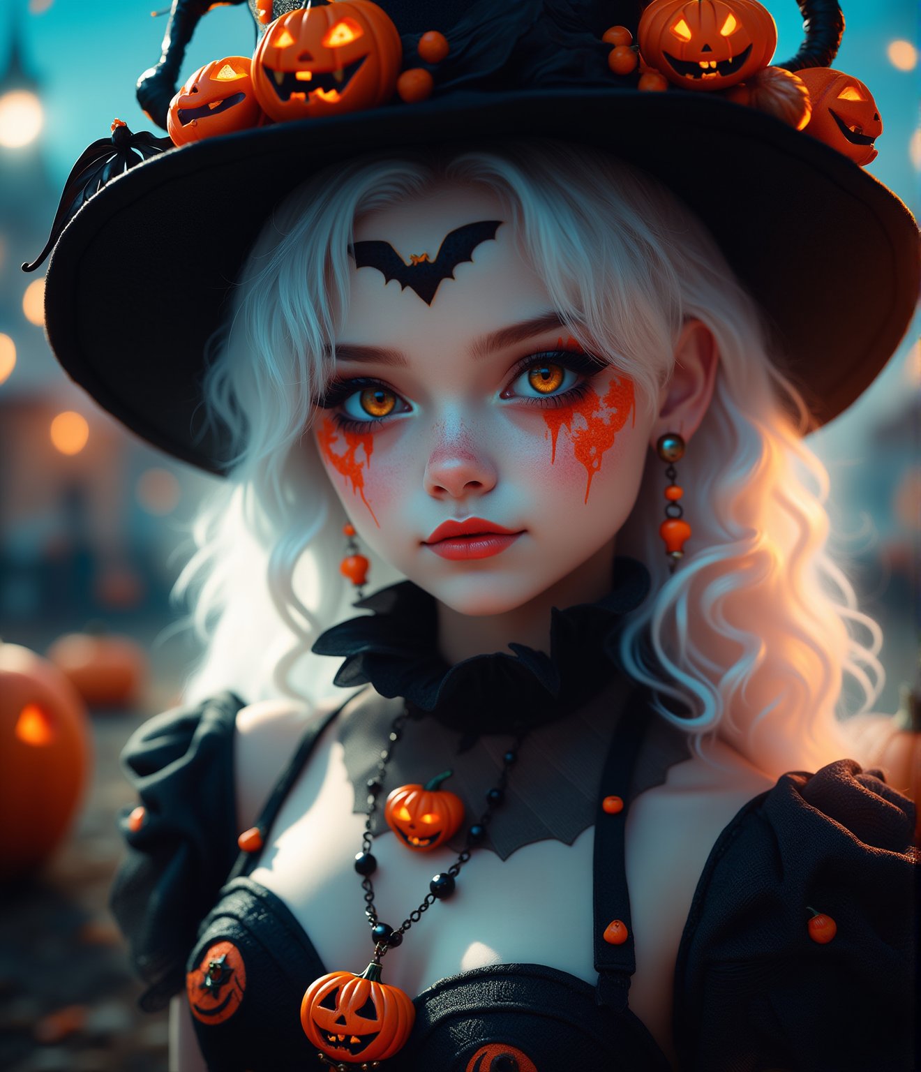 (Best Quality, 8K, 32K, masutepiece:1.3), Ultra-detailed, (Photorealistic:1.4), white colors, albino,15yo cute Girl with Halloween heavy paint on her face, Detailed eyes, Upper body, Luxurious punk hair, Edgy Halloween fashion,(Halloween atmosphere),in Gothic Haloween costume and hat, Pumpkin motif accessories,necklace and earrings,  Avant-garde Halloween makeup, Numerous piercings,,night sky background, Backlight effect, Shallow depth of field, Blurry background,score_9, score_8_up, score_7_up, score_6_up, score_5_up, score_4_up,