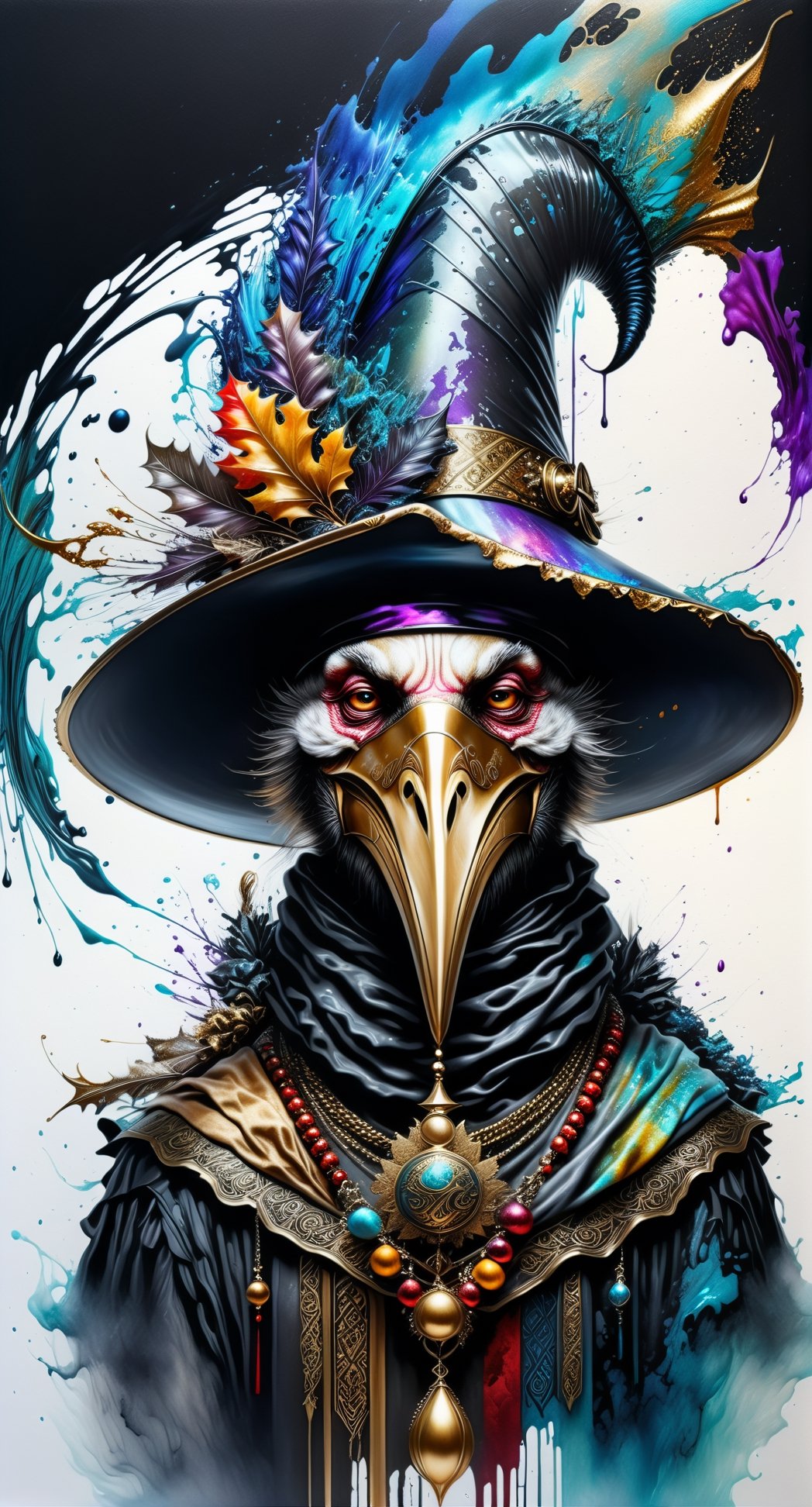 Ultra-Wide angle shot, photorealistic of gothic medieval of  stylish (turkye) character wearing pilgrim outfits,turkey,(long neck), large beak,(whole body),,art by Carne Griffiths,thanksgiving atmothphere,ornaments of thanksgiving, merged visuals, evocative storytelling, creative blending, seeBlack ink flow: 8k resolution photorealistic masterpiece:  intricately detailed fluid gouache painting: calligraphy: acrylic: colorful watercolor art, cinematic lighting, maximalist photoillustration: by marton bobzert: 8k resolution concept art intricately detailed, complex, elegant, expansive, fantastical, psychedelic realism, dripping paint,,DonML1quidG0ldXL ,Digital painting ,PEOPShockedFace