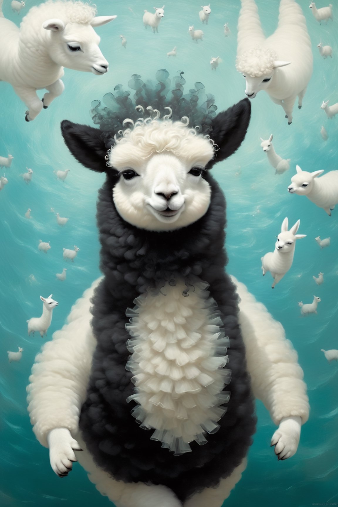 A beautiful and whimsical elusive pop noir surrealism, art of Dressed animals - a fat white baby alpaca dancer,dancing,(big smile),(happy),, in the style of Dr. Seuss, inspired by Mandelbrot fractals and the Doppler effect glitchcore, in the style of Ray Caesar, modern art, art nouveau, realism fantastic, intricate details, surreal emotion art, interesting emotional feeling, highli texture details, Behance winning award. rendered in a charming, ornate style, with textured brushstrokes and incredibly high 12k resolution. This highly detailed 3DHD oil painting showcases Pierre-Auguste Renoir's mastery of color and technique. The deep, incandescent tones and ultra-fine details evoke a surrealist vibe reminiscent of Craola, Nicoletta Ceccoli, Beeple, Jeremiah Ketner, Todd Lockwood. Meticulously hand-painted with meticulous attention to detail, this work of art captures the essence of fantastical scenes from a bygone era. Created using cutting-edge Octane Render technology, underwater