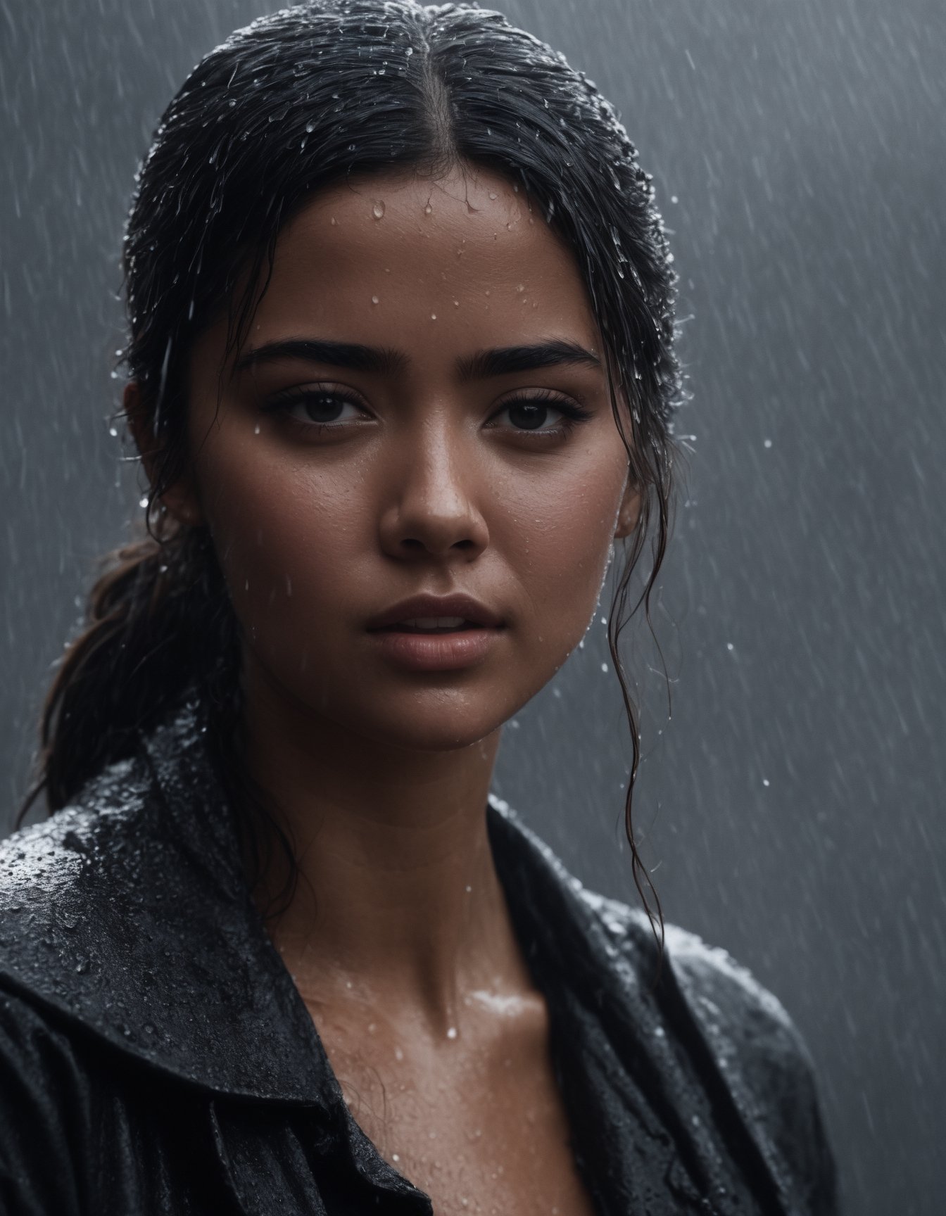 Girl work in coal mine, rain,details,rain,photography,  hyper detailed, trending on face, detailed,sharp focus, photo, highly detailed. ,Movie Still,Film Still