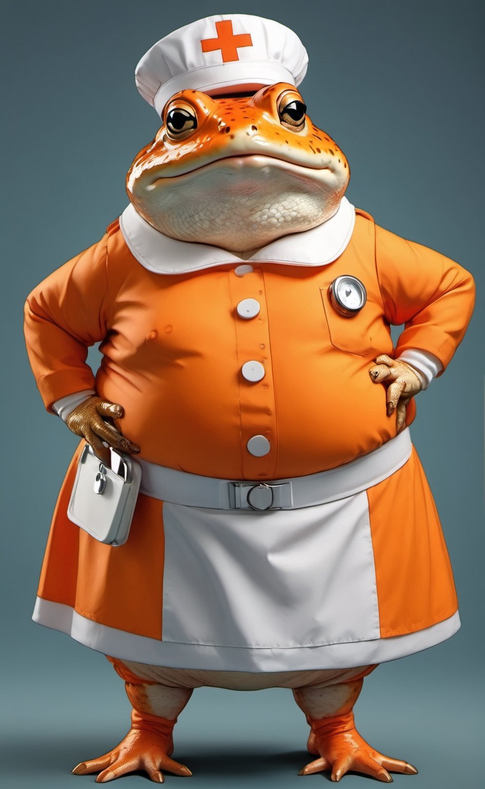  portrait of Dressed animals - a ((fat)) cute toad nurse,(hands on hips:1.5 ),(closed mouth), high quality,(lovely) ,intricate details, highly detailed (( orange nurse costume)), wearing nurse cap and skirt , highly detailed medical equipment , (happy), studio lighting,(),(simple background)