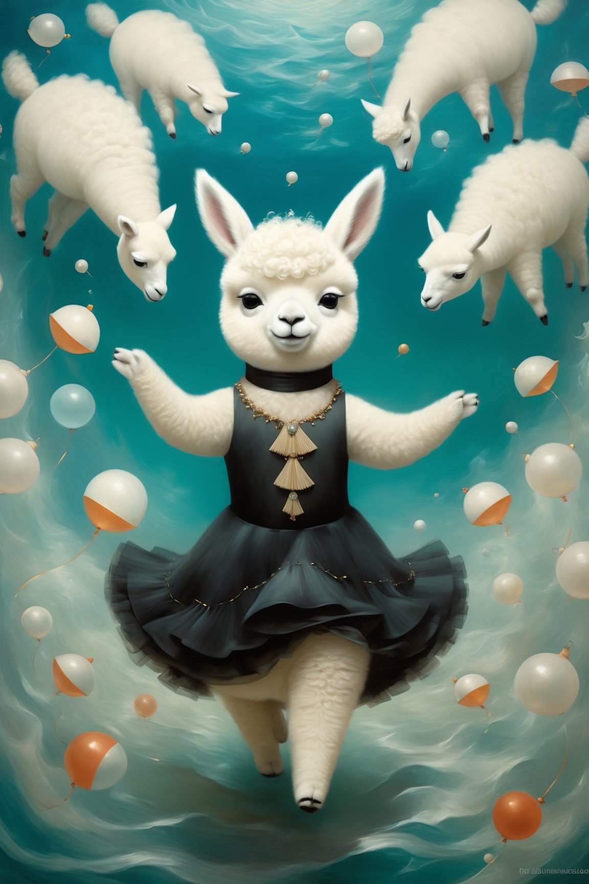 A beautiful and whimsical elusive pop noir surrealism, art of Dressed animals - a fat white baby alpaca dancer,dancing,(big smile),(happy),(highly detailed dress), in the style of Dr. Seuss, inspired by Mandelbrot fractals and the Doppler effect glitchcore, in the style of Ray Caesar, modern art, art nouveau, realism fantastic, intricate details, surreal emotion art, interesting emotional feeling, highli texture details, Behance winning award. rendered in a charming, ornate style, with textured brushstrokes and incredibly high 12k resolution. This highly detailed 3DHD oil painting showcases Pierre-Auguste Renoir's mastery of color and technique. The deep, incandescent tones and ultra-fine details evoke a surrealist vibe reminiscent of Craola, Nicoletta Ceccoli, Beeple, Jeremiah Ketner, Todd Lockwood. Meticulously hand-painted with meticulous attention to detail, this work of art captures the essence of fantastical scenes from a bygone era. Created using cutting-edge Octane Render technology, underwater