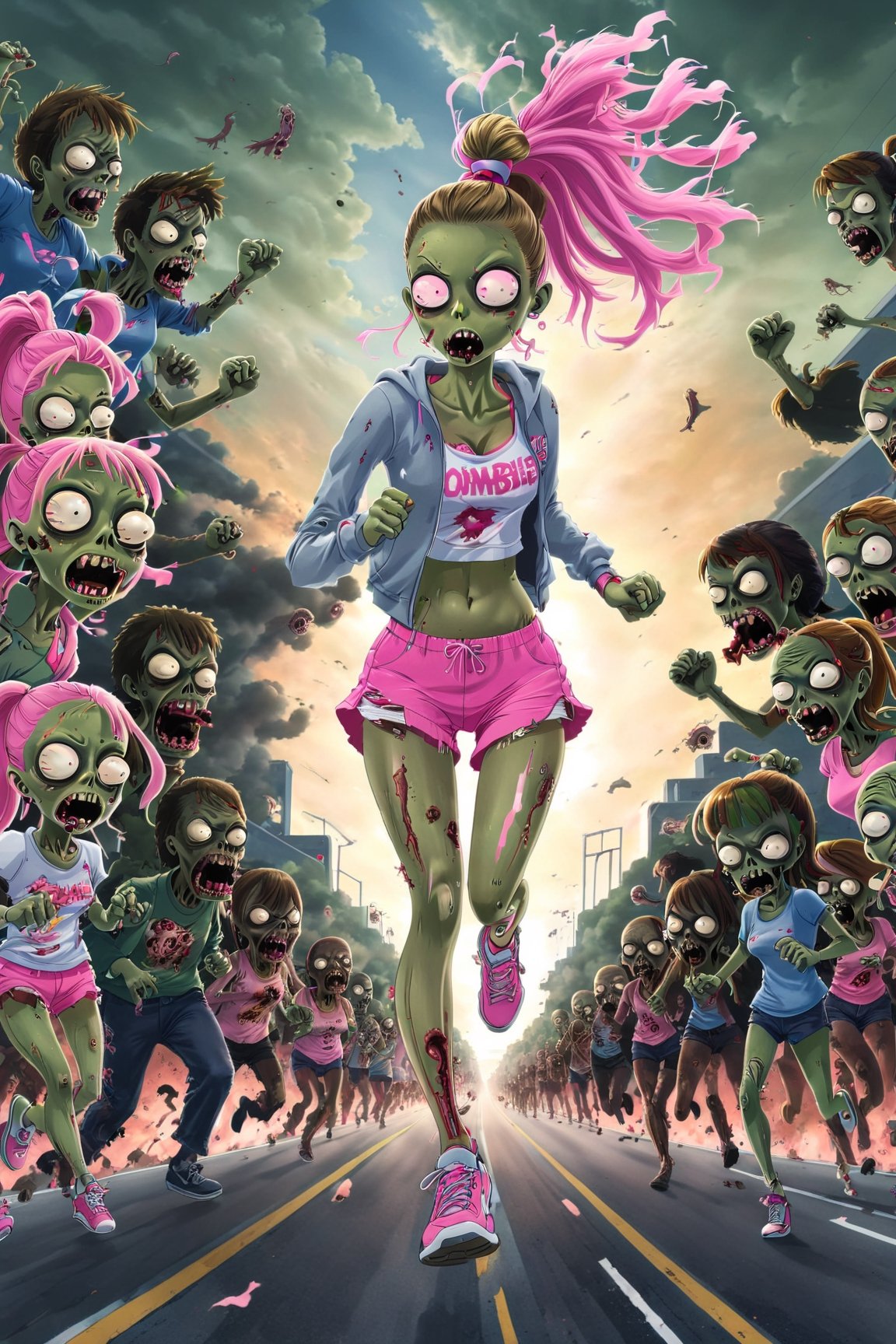   running girl, Gray Track Top, pink shorts, ponytail,(many zombies are following her,
outdoors, detailed highway background, Modern metropolis,