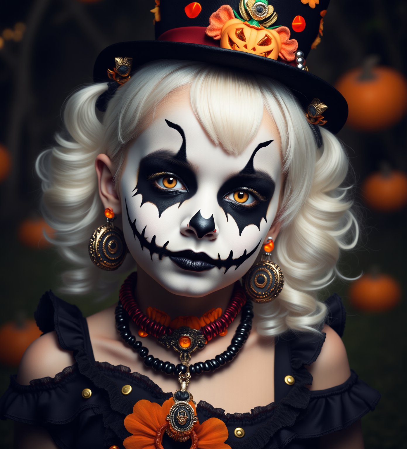 (Best Quality, 8K, 32K, masutepiece:1.3), Ultra-detailed, (Photorealistic:1.4), white colors, albino,15yo cute Girl with Halloween heavy paint on her face, child-like face, Detailed eyes, Upper body, Luxurious punk hair, Edgy Halloween fashion,(Halloween atmosphere),in Gothic Haloween costume and hat, Pumpkin motif accessories,necklace and earrings,  Avant-garde Halloween makeup, Numerous piercings,,night sky background, Backlight effect, Shallow depth of field, Blurry background,score_9, score_8_up, score_7_up, score_6_up, score_5_up, score_4_up,