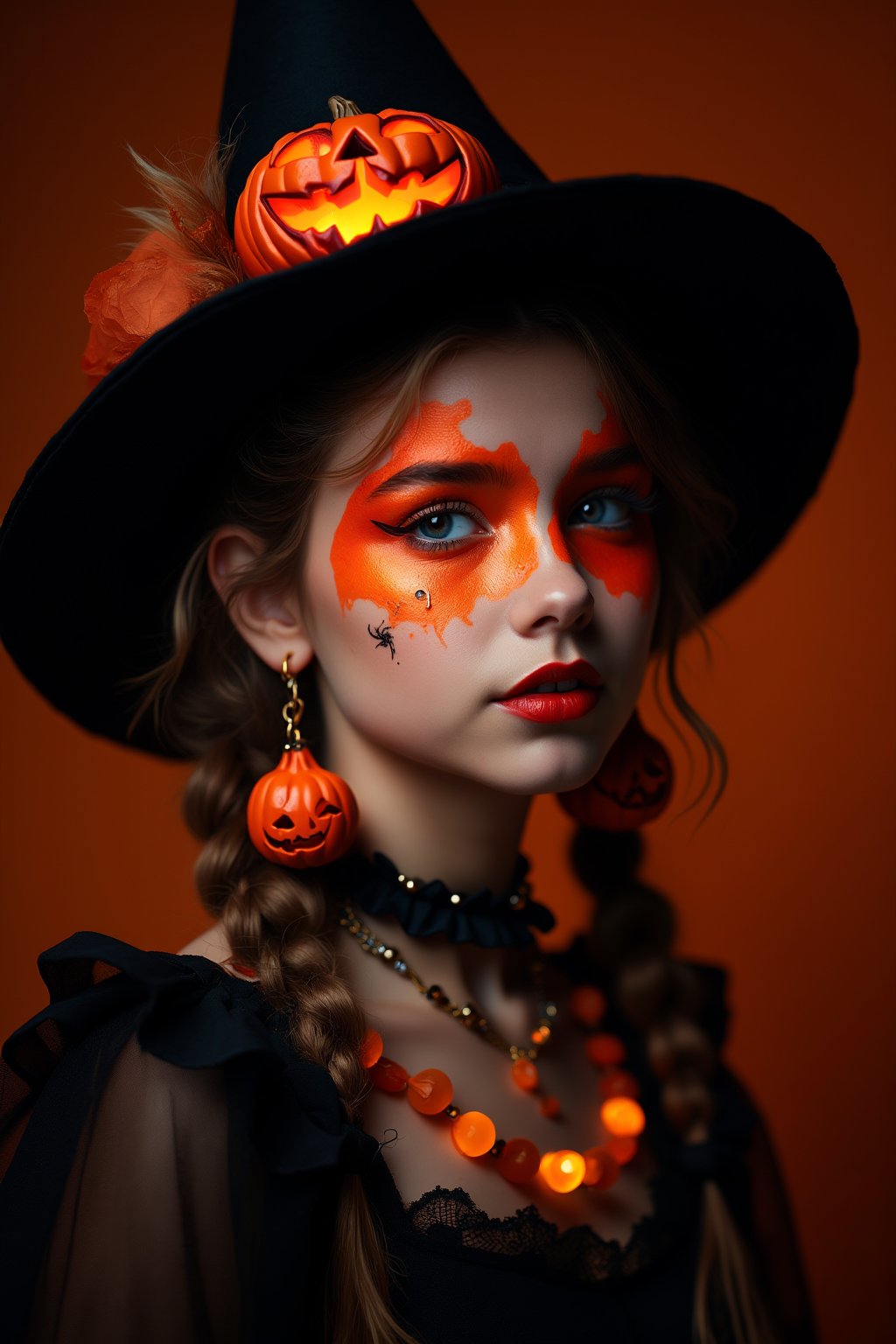 upper body portrait of 18yo cute girl with (Halloween paint on face), in Gothic Haloween costume and hat, (glaring at camera:1.5),(gothic),fractal punk, braid hair, matte painting portrait shot, beautiful girl, pink fair skin, she is dressed in Halloween clothes, Pumpkin motif accessories,necklace and earrings, Halloween atmosphere, heavy makeup,orange theme,score_9, score_8_up, score_7_up, score_6_up, score_5_up, score_4_up,