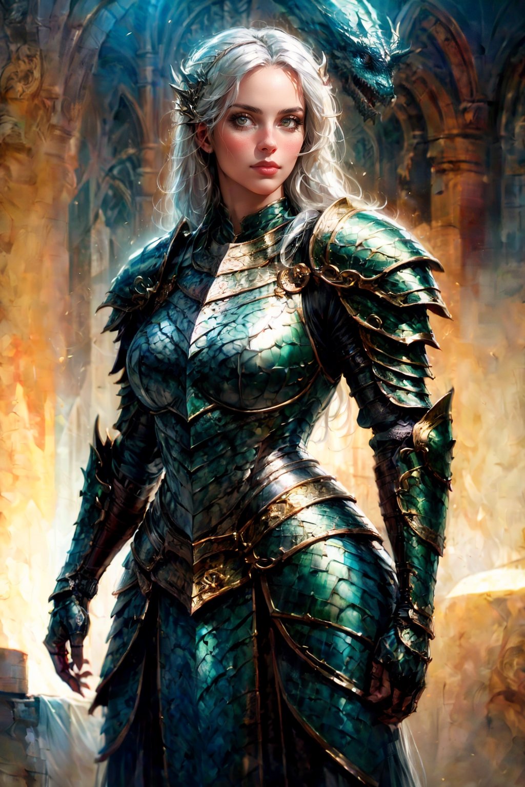 front_view, masterpiece, best quality, photorealistic, raw photo, (1girl, looking at viewer), long white hair,dragon armor, intricate armor, delicate gold filigree, intricate filigree, black metalic parts, detailed part, dynamic pose, detailed background, dynamic lighting, ,dragon armor