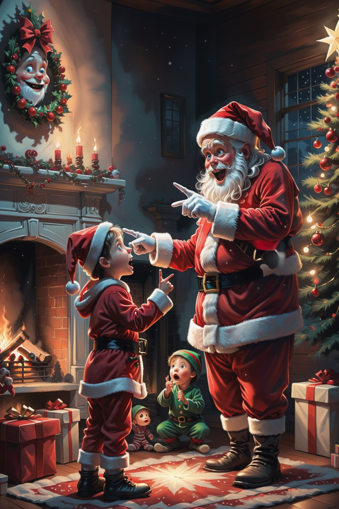 2D, creepy, cute Santa Claus and one little boy, ,they are pointing and looking at each other,the boy is wearing pajamas,
Christmas presents around there,Christmas tree in front of　fireplace,light from fireplace makes beautiful gradient of shadow and adds depth to image ,dark living room background,(style of Skottie Young:1.3) 
(masterpiece,best quality:1.5),PEOPShockedFace,shocked face