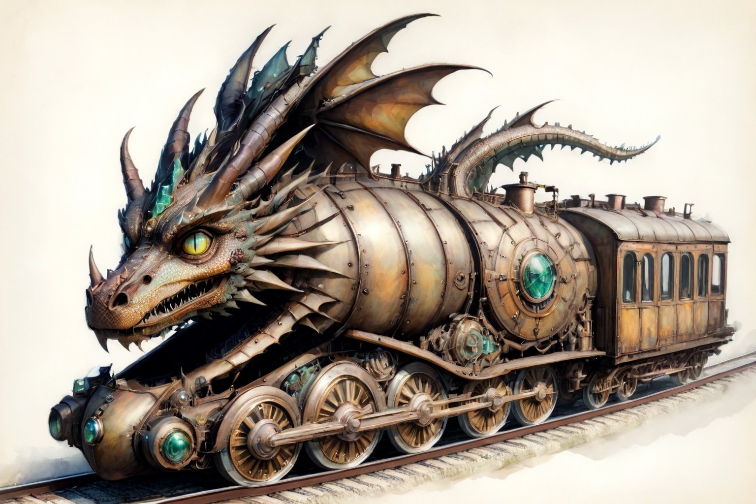 (Best quality, High quality, masterpiece, Watercolor_pencil painting, ligne_claire, Illustration, ), ((stylized art style, painted by Egon Schiele and Gustave Doré and Rembrandt)),, ,image of dragon train,(viewed from above:1.5)