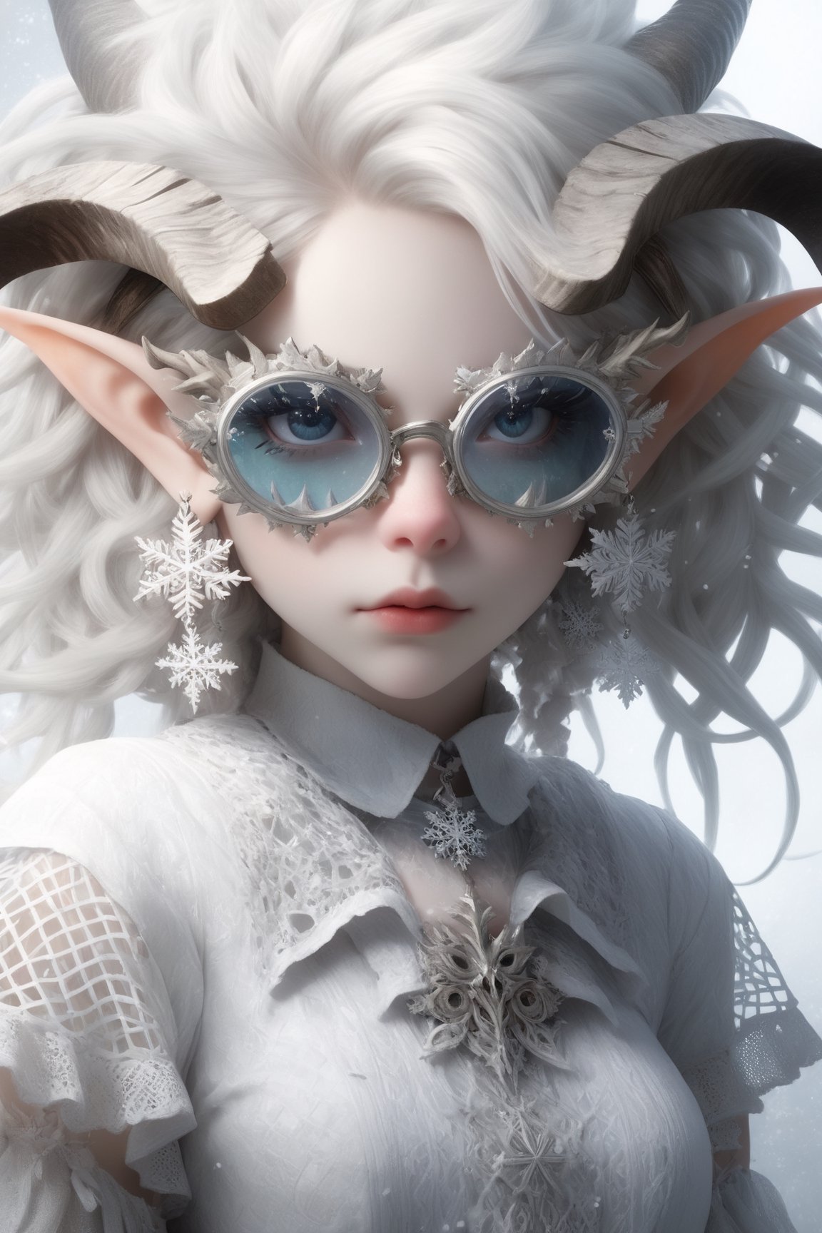 1 girl, (masterful), albino demon girl with lethargic sleepy smokey eyes,(white dreadlocks hair),((slit pupil eyes)),mesh fishnet blouse, (long intricate horns:1.2) ,wearing snowflake glasses,
best quality, highest quality, extremely detailed CG unity 8k wallpaper, detailed and intricate, 
,steampunk style,Glass Elements,snowflake glasses