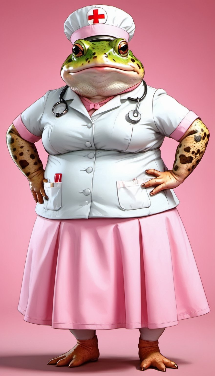  portrait of Dressed animals - a ((fat)) cute toad nurse,(hands on hips:1.5 ),(closed mouth), high quality,(lovely) ,intricate details, highly detailed ((pink nurse costume)), wearing nurse cap and skirt , highly detailed medical equipment , (happy), studio lighting,(),(simple background)