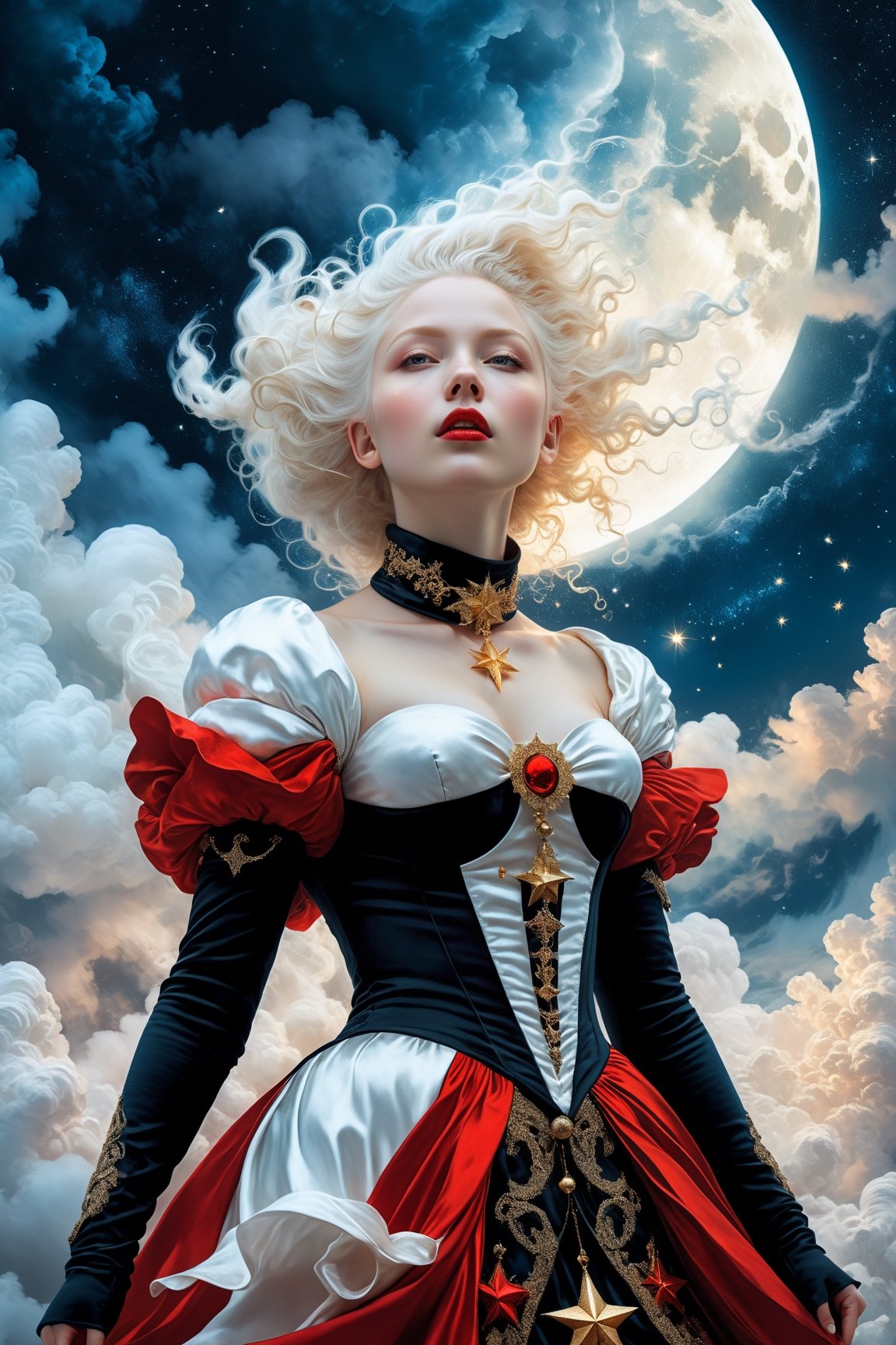 (christman theme:1.5),Cinematic,realistic photo of albino girl, wearing highly detailed christmas costume,(wind effect:1.2),vibrant colors,moon stars and clouds in night sky background, fantasy, warm tone, surreal, 8k resolution photorealistic masterpiece by Aaron Horkey and Jeremy Mann, professional photography, volumetric lighting maximalist photoillustration by marton bobzert, 8k resolution concept art intricately detailed, complex, elegant, expansive, fantastical, mythical clouds