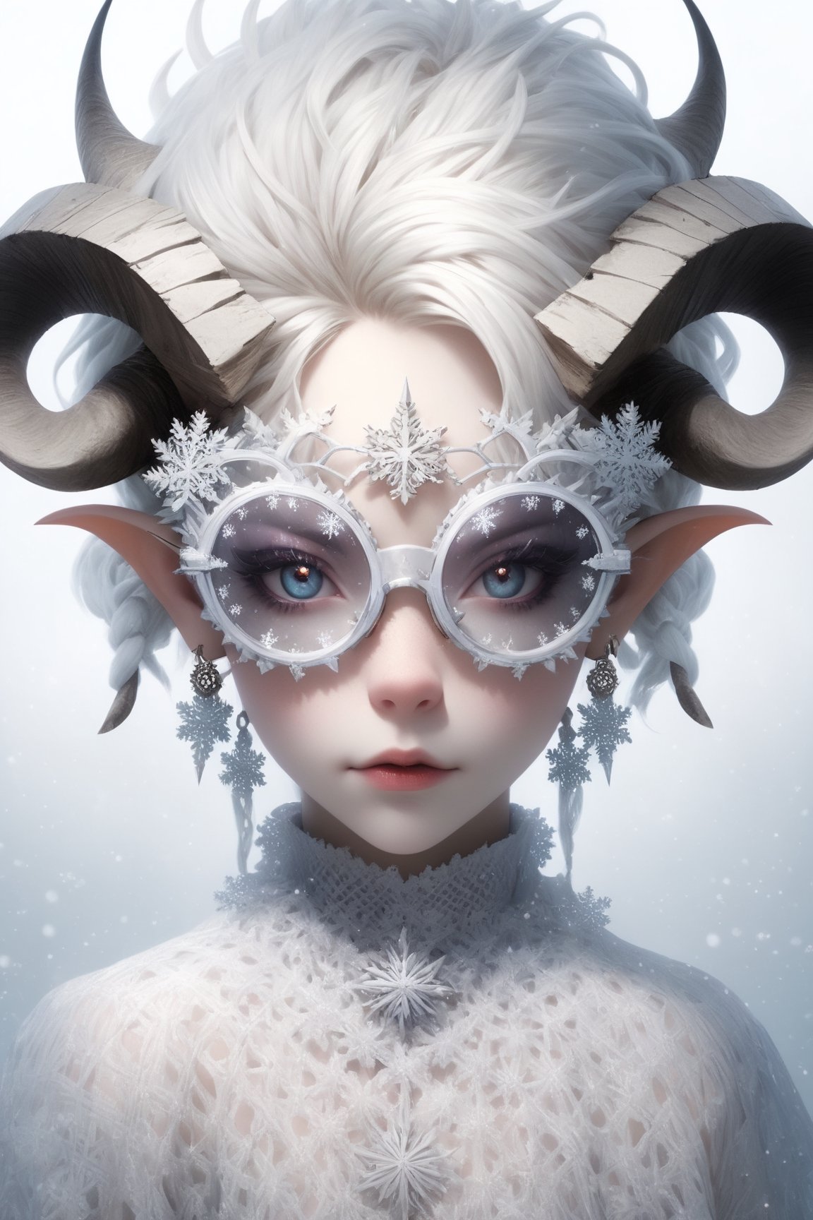 1 girl, (masterful), albino demon girl with lethargic sleepy smokey eyes,(white dreadlocks hair),((slit pupil eyes)),mesh fishnet blouse, (long intricate horns:1.2) ,wearing snowflake glasses,
best quality, highest quality, extremely detailed CG unity 8k wallpaper, detailed and intricate, 
,steampunk style,Glass Elements,snowflake glasses