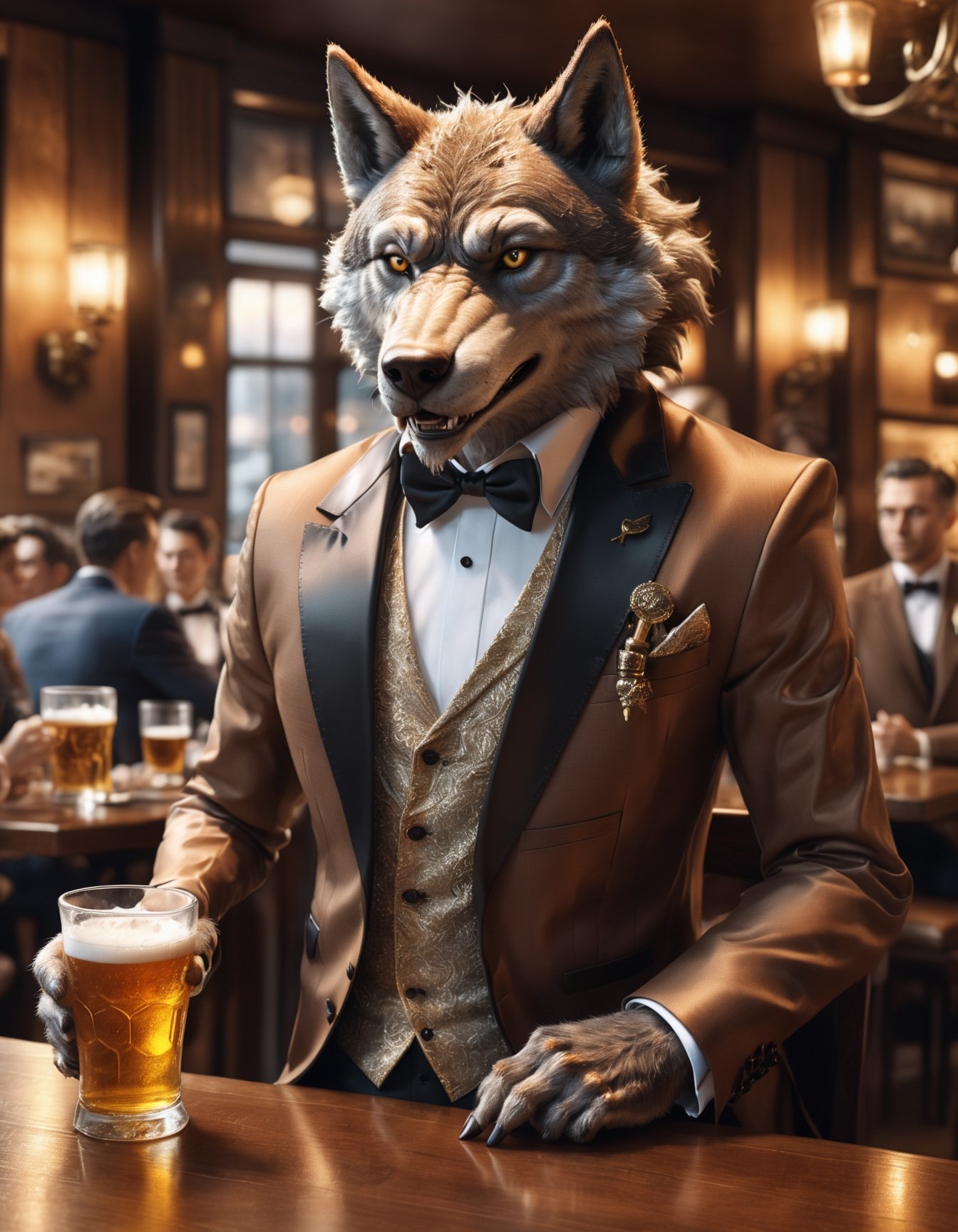 (masterpiece, best quality), detailmaster2, digital art of warewolf wear tuxedo, brown clothes, sitting in restaurant hold a beer, (highly detailed:1.3), (ray tracing:1.2), (global illumination:1.2), (ultra-detailed CG unity 8K wallpaper:1.3), sharp focus, film grain, (cinematic:1.2), fantasy art, surrealism 