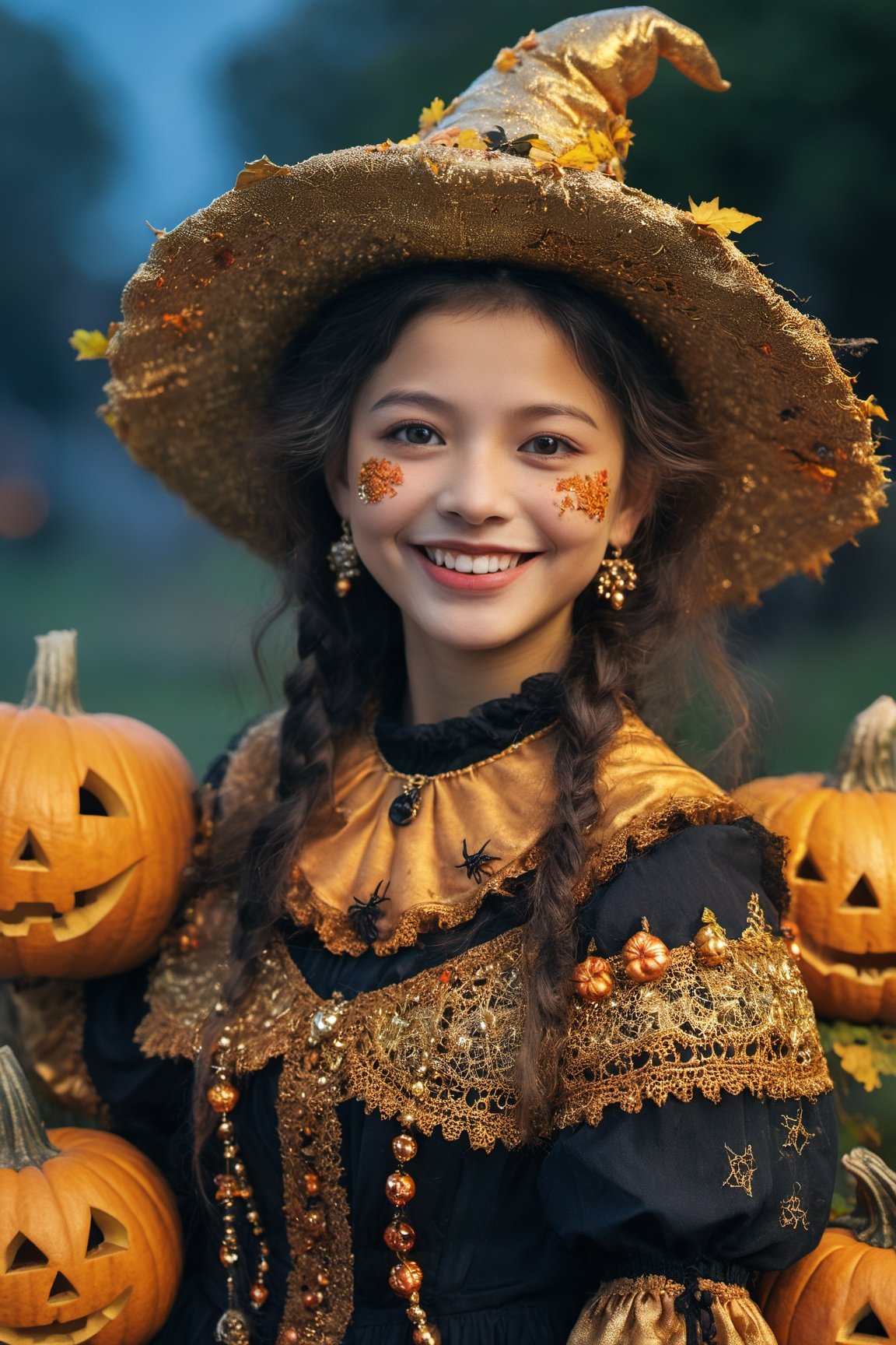 (Aetherpunk style:1.4),wide angle,8k , ultra quality ,nature,pagan imagery,cute very young Halloween witch,10 years old girl,(big smile),,art by Giuseppe Arcimboldo,gold detailed,utopia,magic,(Halloween atmosphere),neon detailed,beasts,mages,((in Halloween town,amazing scenery)),(highly detailed:1.2),(ultra realism:1.2), realistic, detailed, textured, skin, hair, eyes, by Alex Huguet, Mike Hill, Ian Spriggs, JaeCheol Park, Marek Denko,(side view:1.5)
,