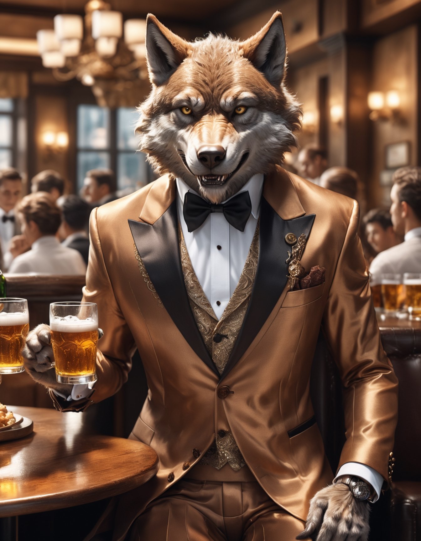 (masterpiece, best quality), detailmaster2, digital art of warewolf wear tuxedo, brown clothes, sitting in restaurant hold a beer, (highly detailed:1.3), (ray tracing:1.2), (global illumination:1.2), (ultra-detailed CG unity 8K wallpaper:1.3), sharp focus, film grain, (cinematic:1.2), fantasy art, surrealism 