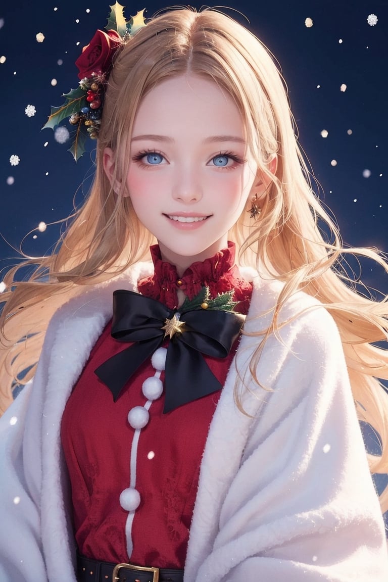 Christmas theme:1.5,portrait of a beautiful swiss girl,lovely smile:1.2,wearing gothic christmas dress,bizarre,floral,Luminous,(christmas atmosphere),snow falling,shining_sparkle_background