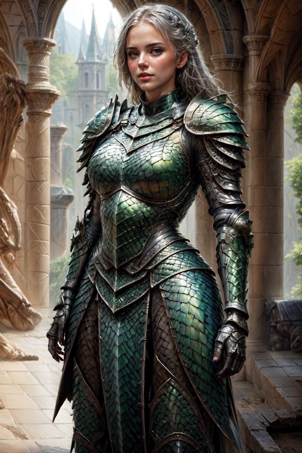 (((Top Quality: 1.4))), (Unparalleled Masterpiece), (Ultra High Definition), (Art by Carne Griffiths), (Ultra-Realistic 8k CG), official art,attractive posing, female gladiator, stunningly beautiful cleaned face,highly detailed armor , messy Hair,  muscular_body:1.4, tanned skin:1.4,,large breasts,( ruins background),sunlight makes beautiful gradient of shadow and adds depth to image, (muted colors, dim colors, muted tones: 1.3), low saturation, (hyper detail: 1.2), perfect anatomy,(half body image from head to thigh:1.2),Female,dragon armor