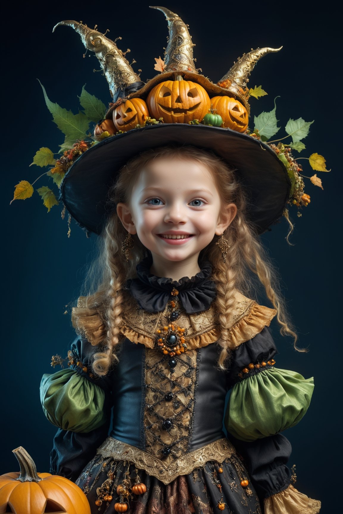 (Aetherpunk style:1.4),wide angle,8k , ultra quality ,nature,pagan imagery,cute very young Halloween witch,10 years old girl,(lovely smile),,art by Giuseppe Arcimboldo,gold detailed,utopia,magic,(Halloween atmosphere),neon detailed,beasts,mages,((in Halloween town,amazing scenery)),(highly detailed:1.2),(ultra realism:1.2), realistic, detailed, textured, skin, hair, eyes, by Alex Huguet, Mike Hill, Ian Spriggs, JaeCheol Park, Marek Denko,(side view:1.5)
,