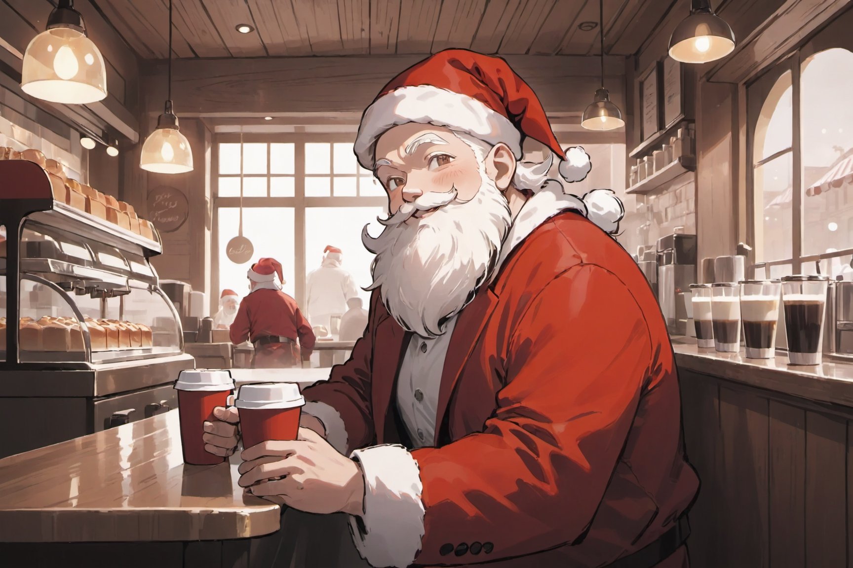 colorful, shine, beautiful-detailed , solo, solo focus,fat old male, Santa Claus, white hair, beautiful detailed sky, dynamic angle, white beard, cinematic light, glow white particles,
cafe, , red jacket,light smile,
Style - Cozy and Quaint
Background - Charming Café with Rustic Interior
Subject - Santa Claus Wearing red and white jacket
View - Inviting Scene Bathed in Morning Sunlight
Appearance - Casual and Approachable
Outfit - red hat and red and white jacket
Pose - sitting in Café , drinking coffee
Details - Steam from Coffee Cups, Display of Pastries
Effects - Warm Morning Sunlight Creating a Comforting Ambiance
Description - "Step into the cozy embrace of a quaint café, where the morning sunlight filters in through the windows, casting a warm and inviting glow. As you enter, your gaze is drawn to the barista behind the counter, a friendly figure wearing a red hat  and jacket neatly at the front.
The café's rustic interior complements the barista's attire, 