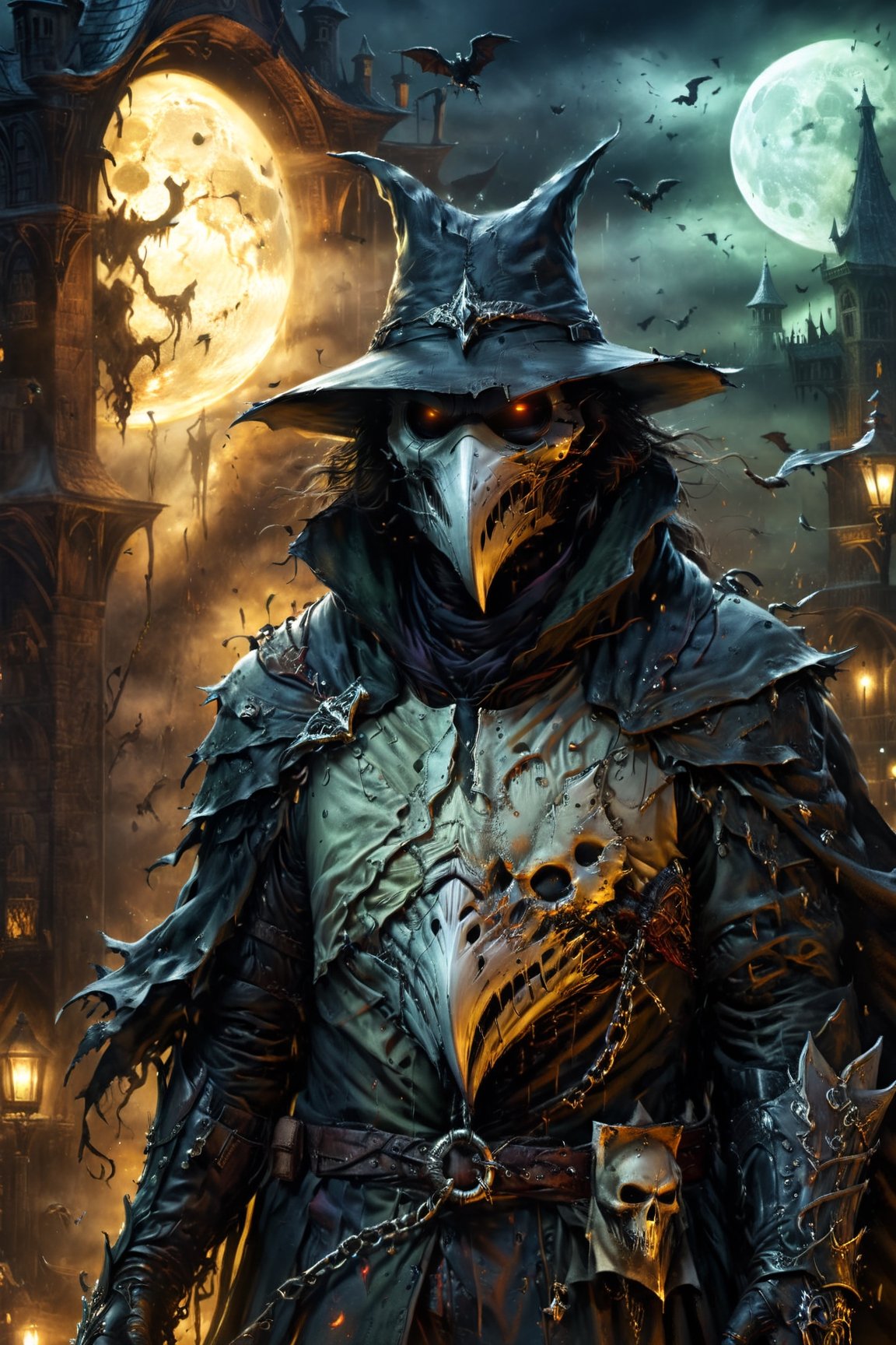 (((Top Quality: 1.4))), (Art by Todd McFarlane and Greg Capullo),Spawn comic style,(Unparalleled Masterpiece),(Ultra High Definition),(Ultra-Realistic 8k CG),chiaroscuro,Plague Doctor,detailed Plague Doctor's clothes ,wearing plague doctor's mask and hat , in dark medieval street,creepy atmosphere, eerie moon light penetrating makes gradient of shadows and adds depth to images, (magic mysterious background,highly detailed baclgound, glowing particles, ethereal fog, faint darkness), hype realistic cover photo awesome full color, Cinematic, (hyper detail: 1.2), perfect anatomy,more detail XL,Leonardo Style,,detailmaster2,((over waist image:1.8)),oil painting,realistic