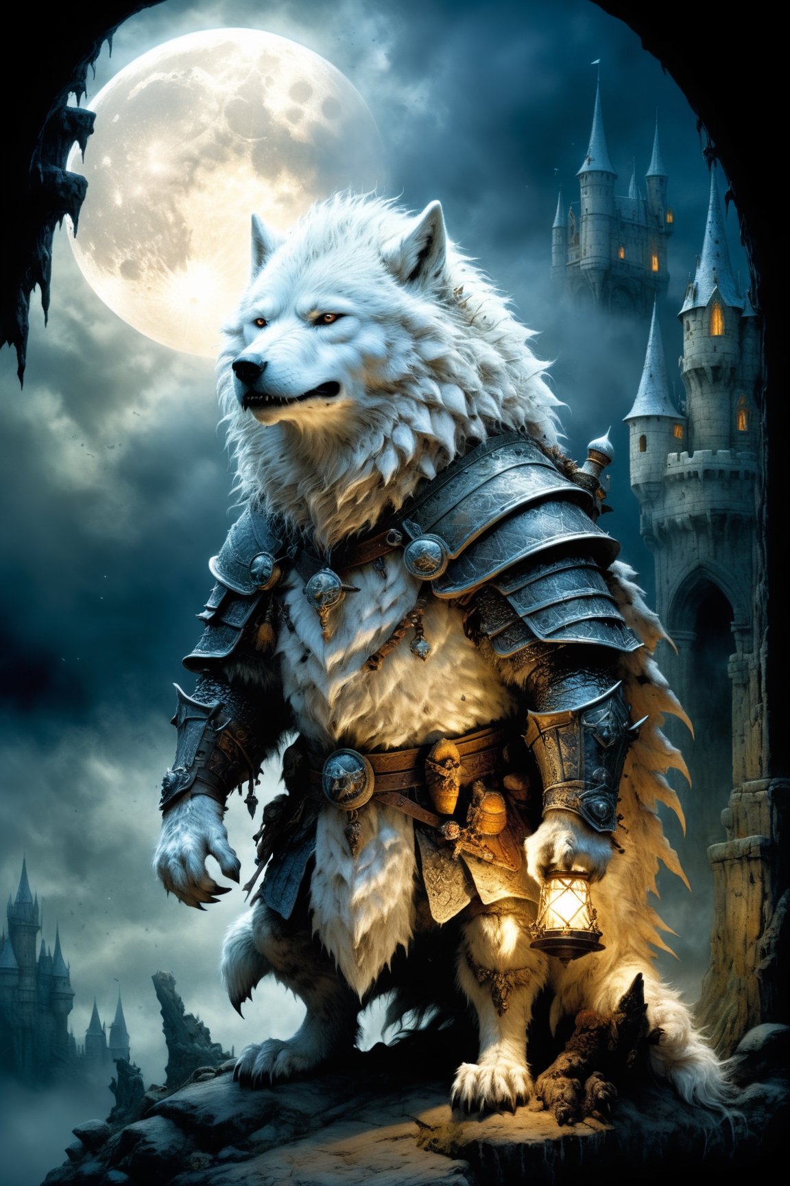 (((Top Quality: 1.4))), (Art by jean baptiste monge),(Unparalleled Masterpiece),(Ultra High Definition),(Ultra-Realistic 8k CG),chiaroscuro,cute white werwolf,king of werwolves massive mascular body, standing,fluffy body , in dark medieval castle,horror , eerie moon light makes gradient of shadows and adds depth to images, (magic mysterious background,highly detailed baclgound, glowing particles, ethereal fog, faint darkness), hype realistic cover photo awesome full color, Cinematic, (hyper detail: 1.2), perfect anatomy,more detail XL,Leonardo Style,,detailmaster2,((over waist image:1.8)),,realistic,monster