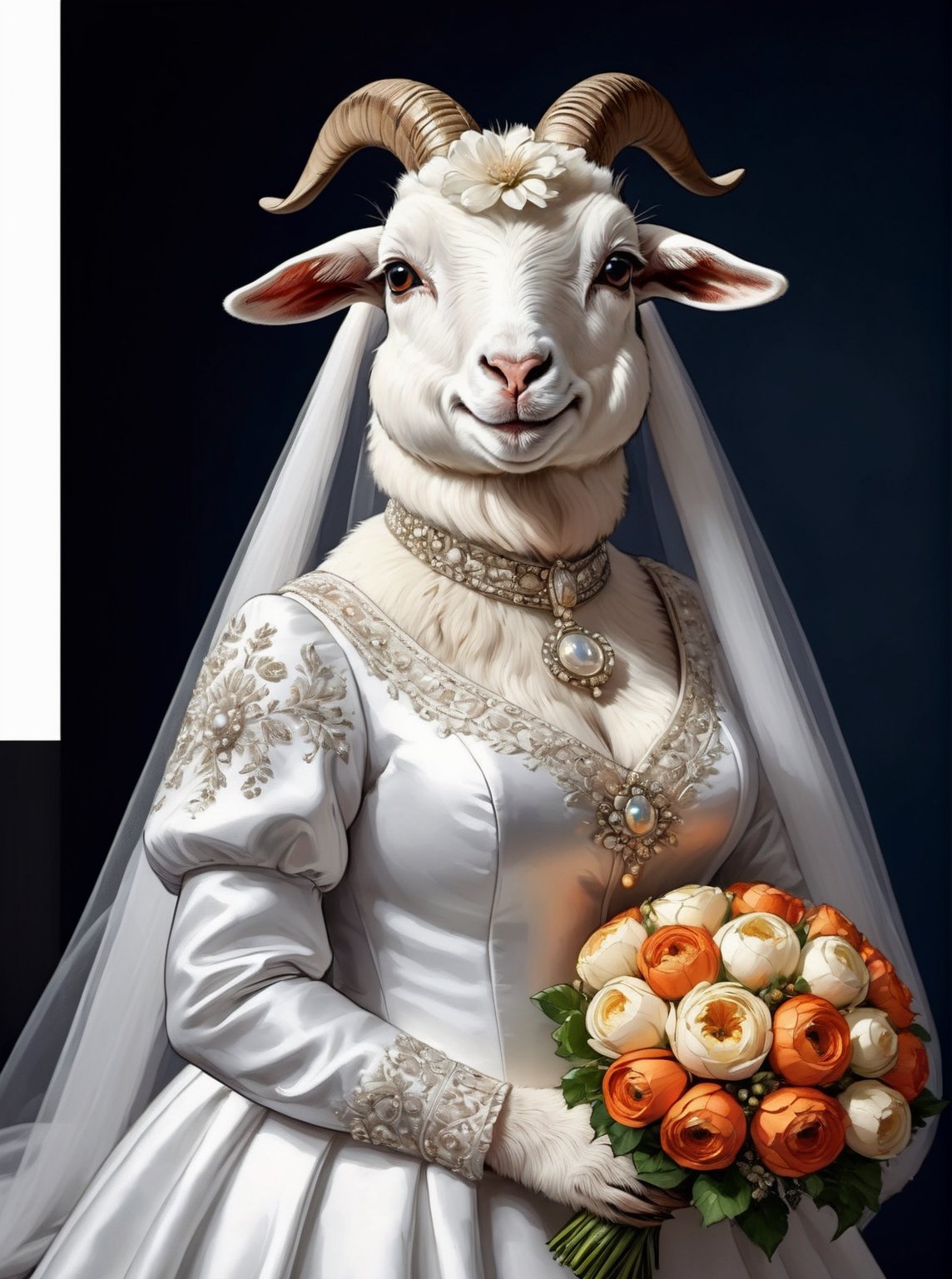  portrait of Dressed animals - a ((fat)) baby goat,(elegant pose),(closed mouth),(frurry), high quality,(lovely) ,intricate details, highly detailed ((wedding dress)),wearing opera globes ,wearing highly detailed veil, highly detailed decorations ,holding flower bouquet, (happy), studio lighting,(full body image:1.5),comic book