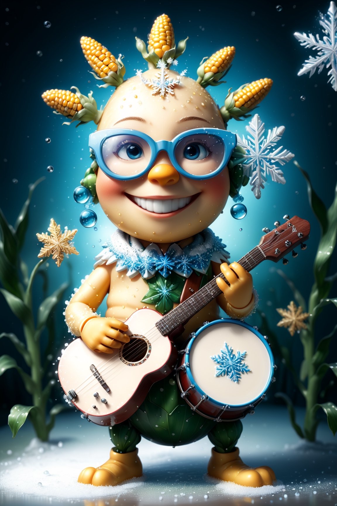 ((masterpiece:1.3,concept art,best quality,photorealistic)), very cute appealing anthropomorphism of (corn), playing the guitar, wearing snowflake glasses,drum set background,looking at the viewer, big grin, happy,, droplets, macro, sunlight, fantasy art, dynamic composition, dramatic lighting, epic realistic, award winning illustration, more detail XL,snowflake glasses