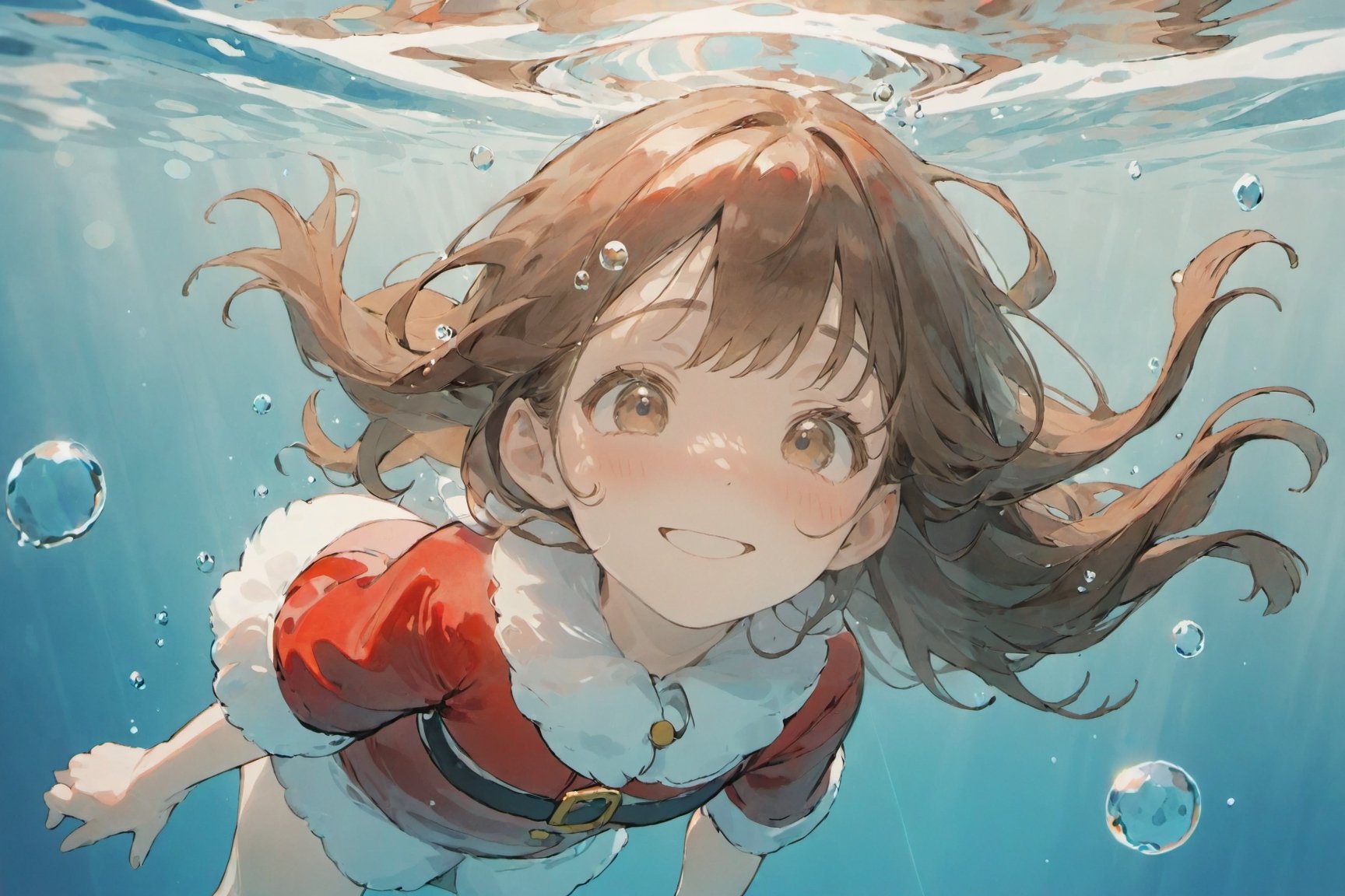 foreshortening,  depth of field, masterpiece, best quality, 1girl, brown hair, brown eyes,  long hair, underwater, air bubble, solo, looking at viewer,(lovely smile), (wearing Santa Claus costume), swimming,  dappled sunlight, ,watercolor \(medium\)