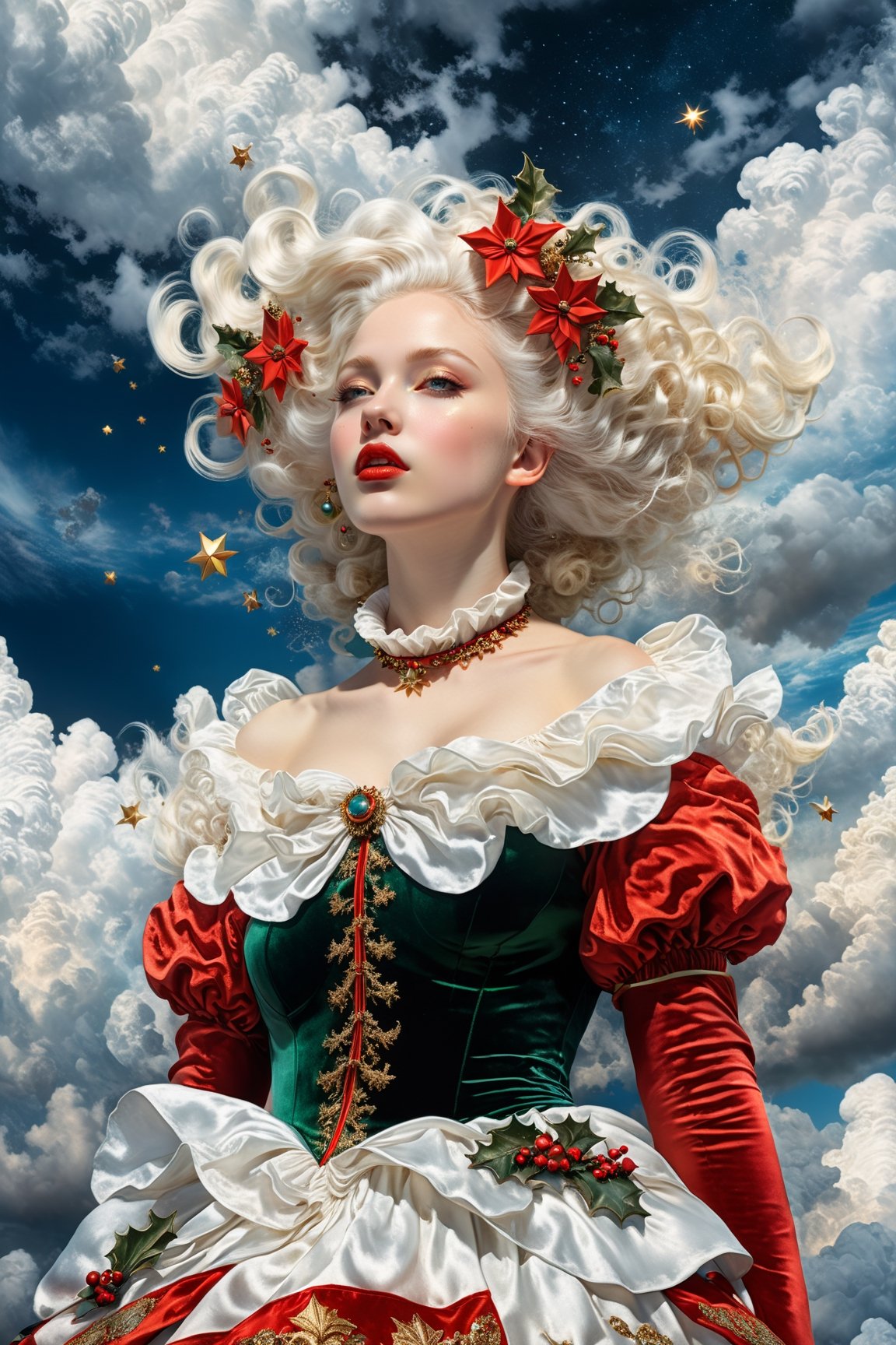 (christman theme:1.5),Cinematic,realistic photo of albino girl, wearing highly detailed christmas dress,(wind effect:1.2),accessories inspired by christmas wreath, motifed  ,vibrant colors,moon stars and clouds in sky background, fantasy, warm tone, surreal, 8k resolution photorealistic masterpiece by Aaron Horkey and Jeremy Mann, professional photography, volumetric lighting maximalist photoillustration by marton bobzert, 8k resolution concept art intricately detailed, complex, elegant, expansive, fantastical, mythical clouds