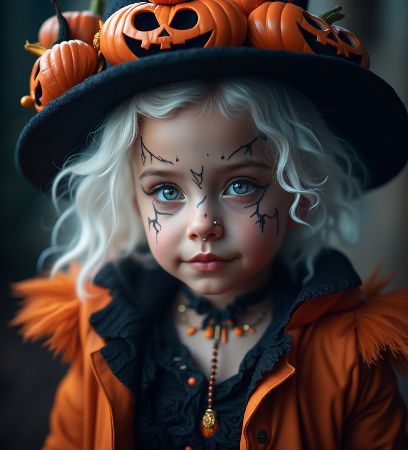 (Best Quality, 8K, 32K, masutepiece:1.3), Ultra-detailed, (Photorealistic:1.4), white colors, albino,12yo cute Girl with Halloween heavy paint on her face, child-like face, Detailed eyes, Upper body, Luxurious punk hair, Edgy Halloween fashion,(Halloween atmosphere),in Gothic Haloween costume and hat, Pumpkin motif accessories,necklace and earrings,  Avant-garde Halloween makeup, Numerous piercings,,night sky background, Backlight effect, Shallow depth of field, Blurry background,score_9, score_8_up, score_7_up, score_6_up, score_5_up, score_4_up,