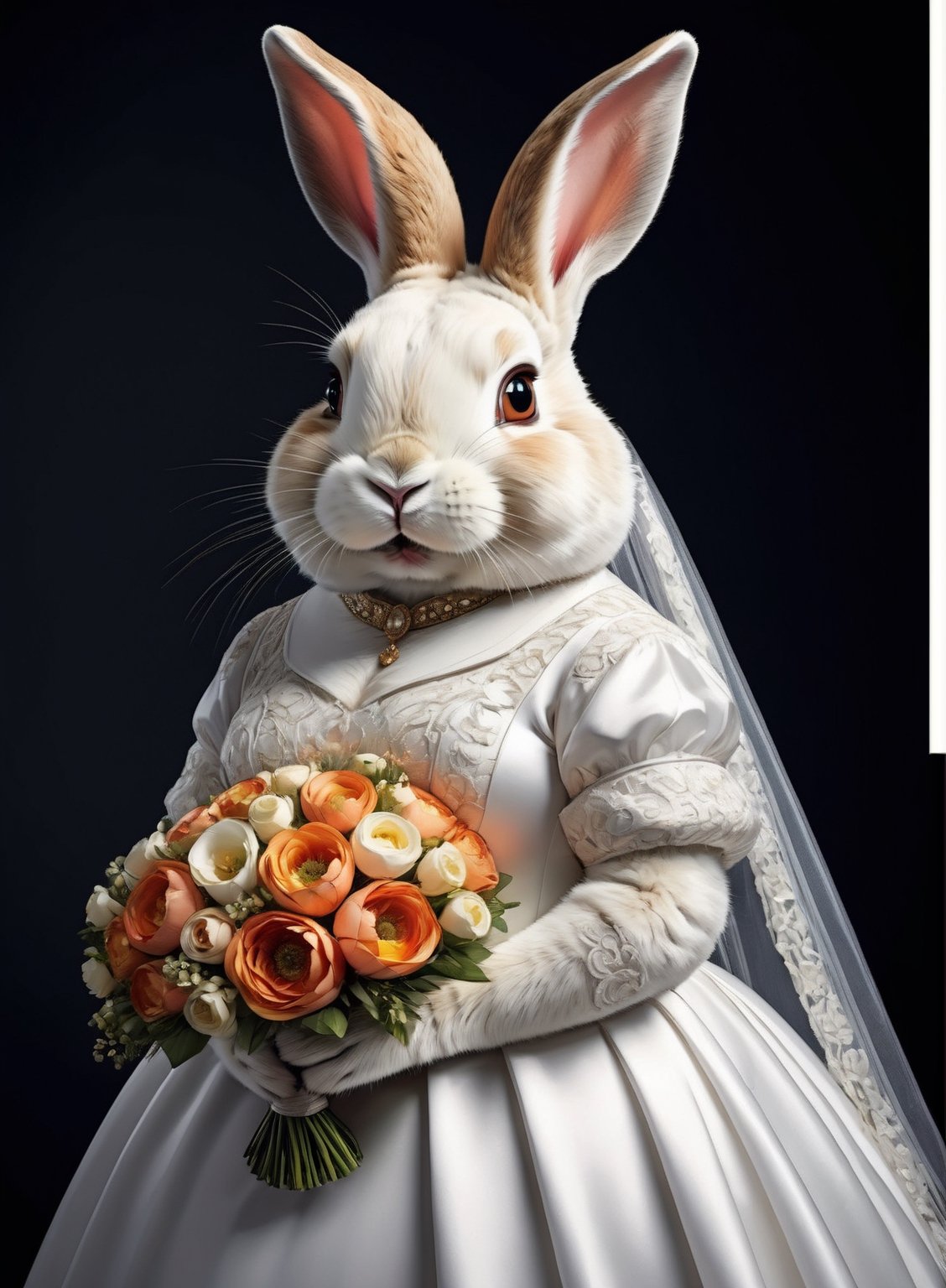photorealistic portrait of Dressed animals - a ((fat)) cute rabbit,(elegant pose),(closed mouth),(frurry), high quality,(lovely) ,intricate details, highly detailed ((wedding dress)),wearing opera globes ,wearing highly detailed veil, highly detailed decorations ,holding flower bouquet, (happy), studio lighting,(full body image:1.5),comic book
