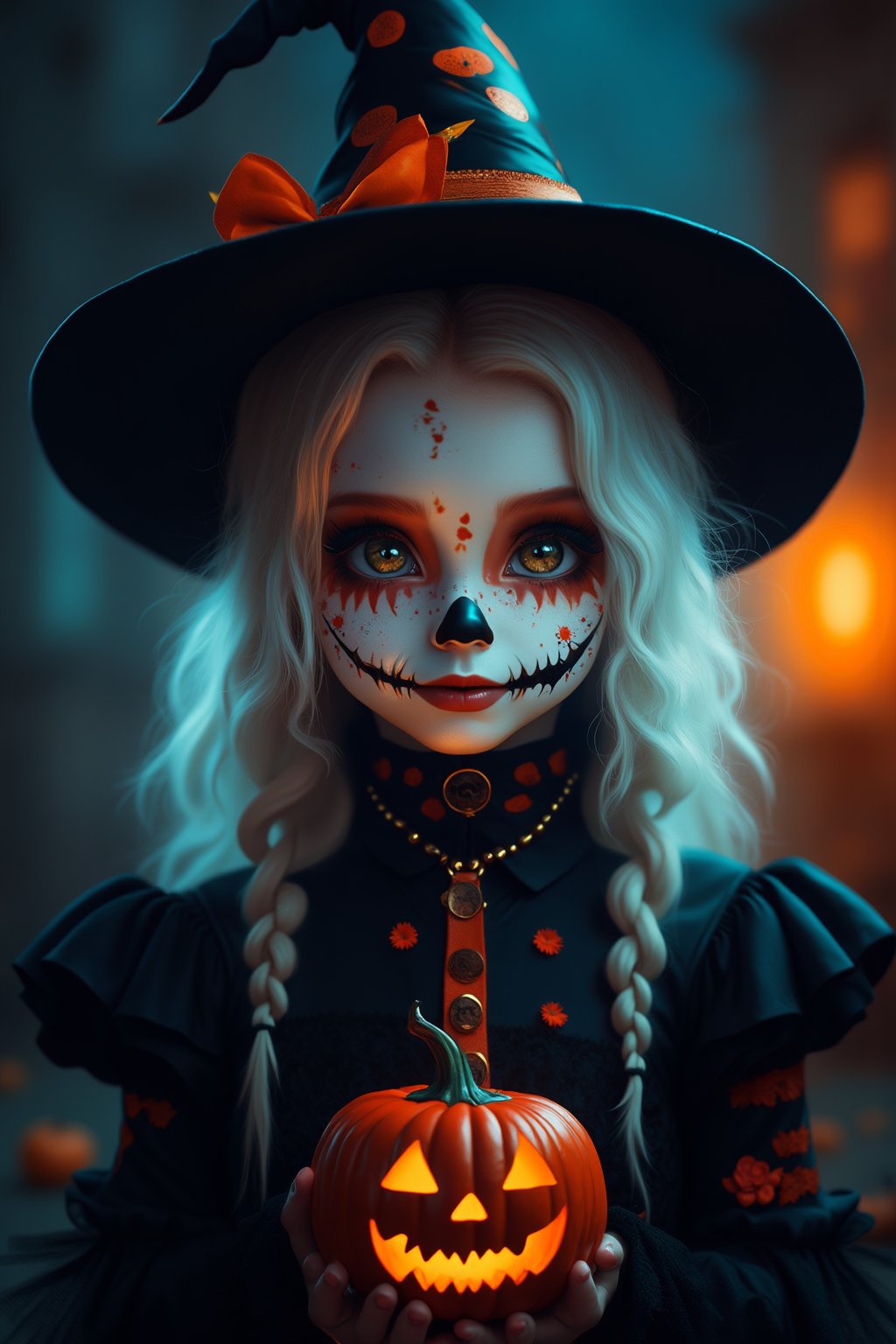 (Best Quality, 8K, 32K, masutepiece:1.3), Ultra-detailed, (Photorealistic:1.4), white colors, albino,15yo cute Girl with Halloween heavy paint on her face, child-like face,Detailed eyes, Upper body, Luxurious punk hair, Edgy Halloween fashion,(Halloween atmosphere),in Gothic Halloween costume and hat,jack-o-lantern motif accessories,necklace and earrings,  Avant-garde Halloween makeup, Numerous piercings,,night sky background, Backlight effect, Shallow depth of field, Blurry background,score_9, score_8_up, score_7_up, score_6_up, score_5_up, score_4_up,