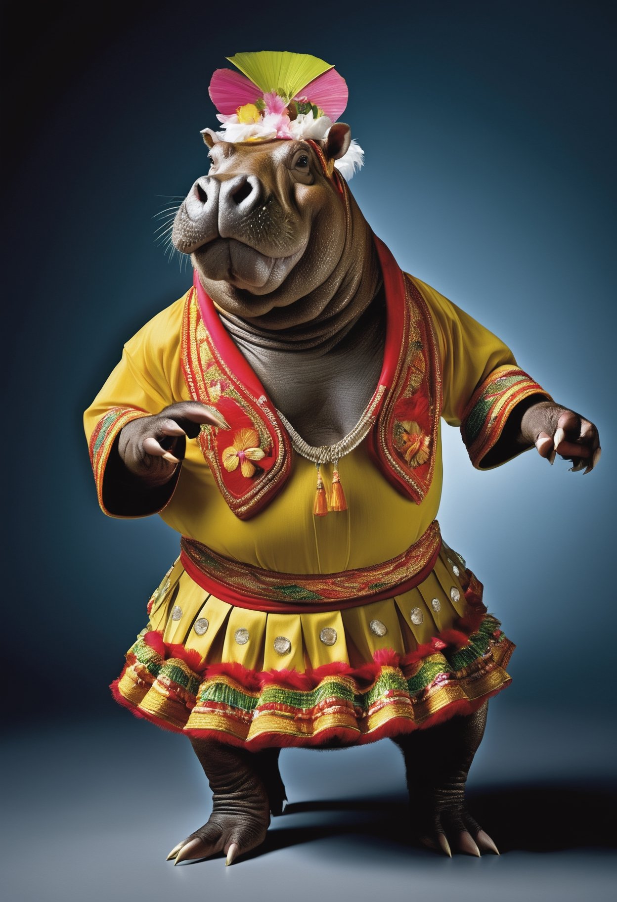 photorealistic portait of Dressed animals - a hippopotamus hula dancer, high quality, highly detailed, studio lighting,